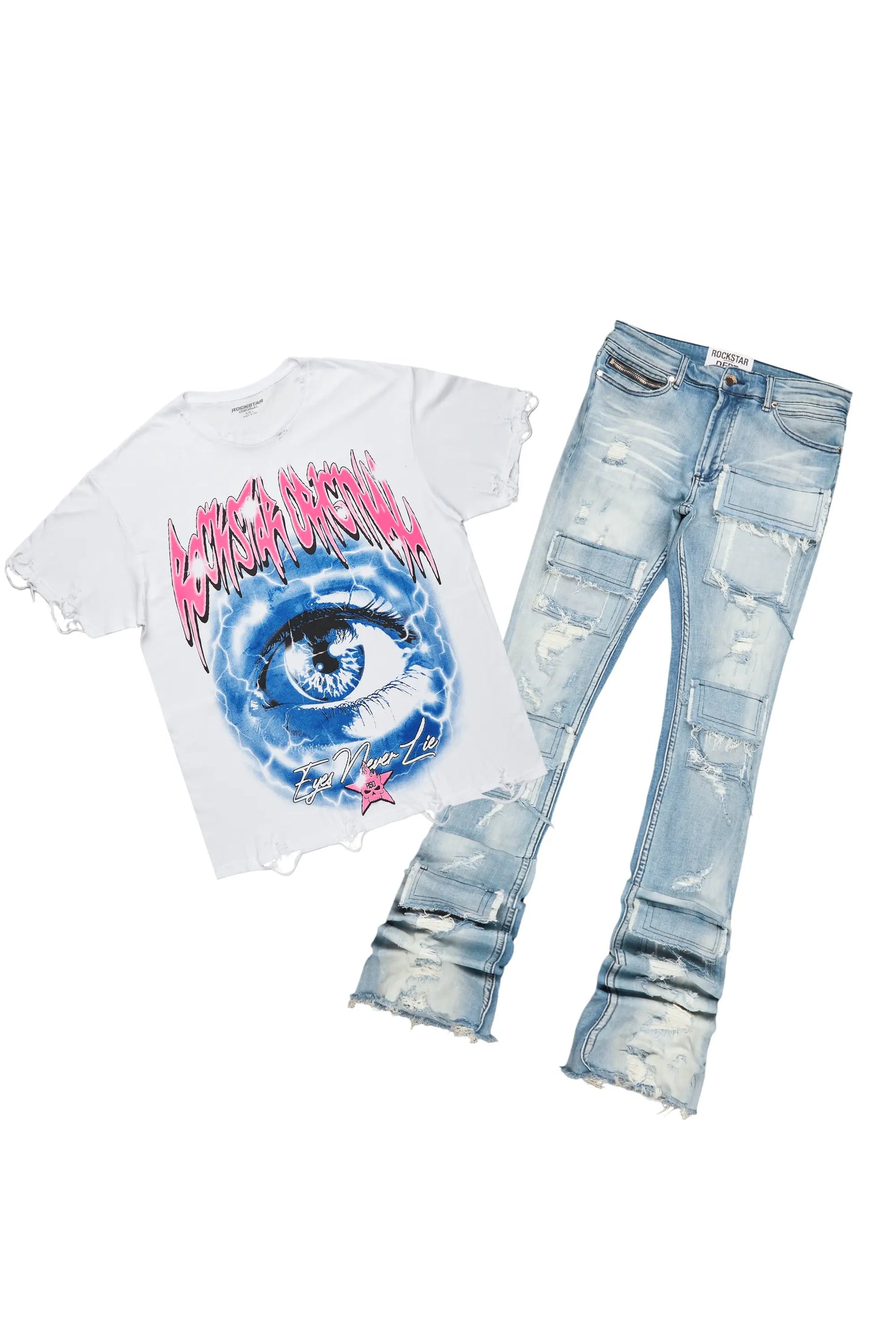 Pello White/Blue Oversized T-Shirt/Super Stacked Flare Jean Bundle