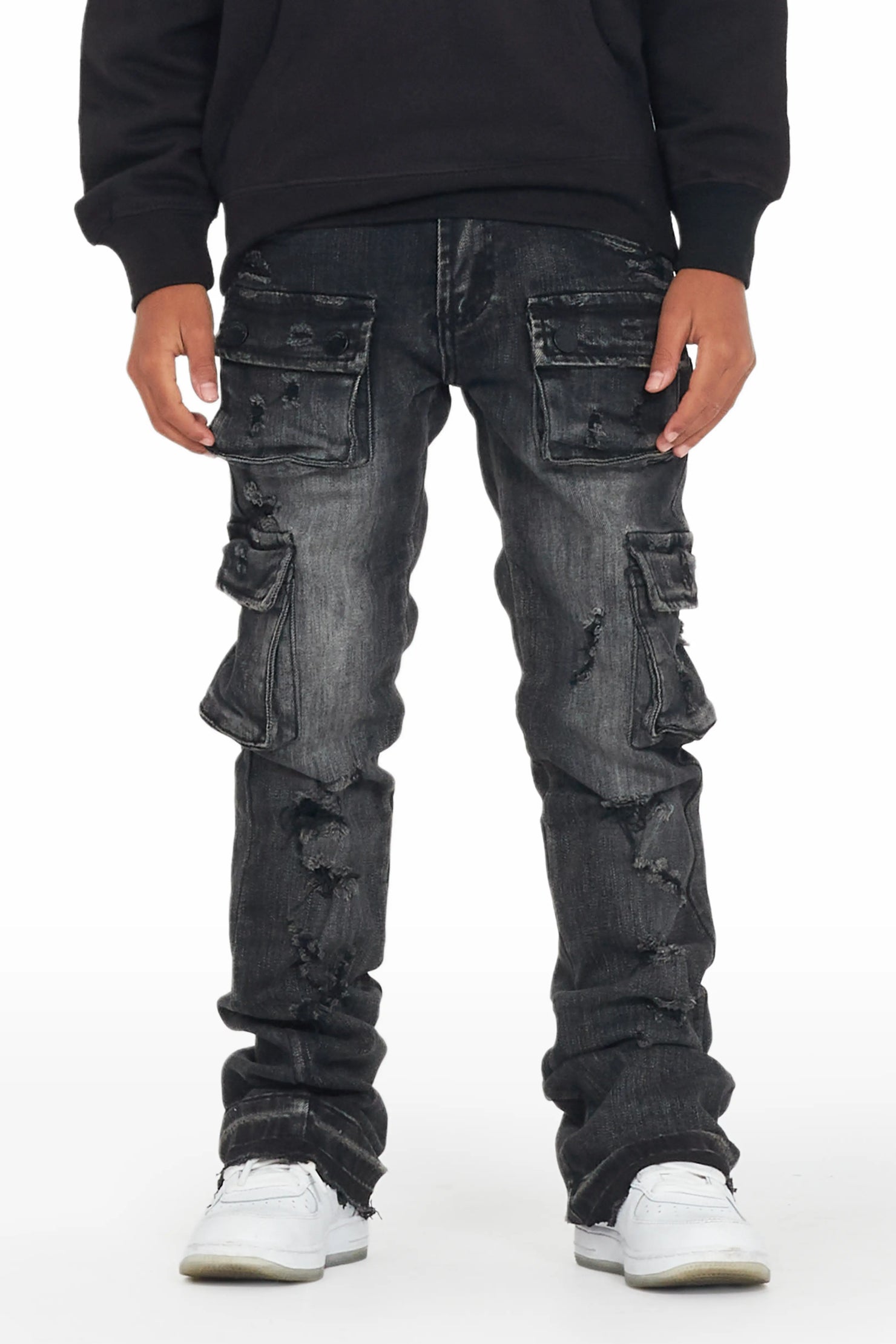 Boys Zaire Grey Cargo Super Stacked Flare Jean