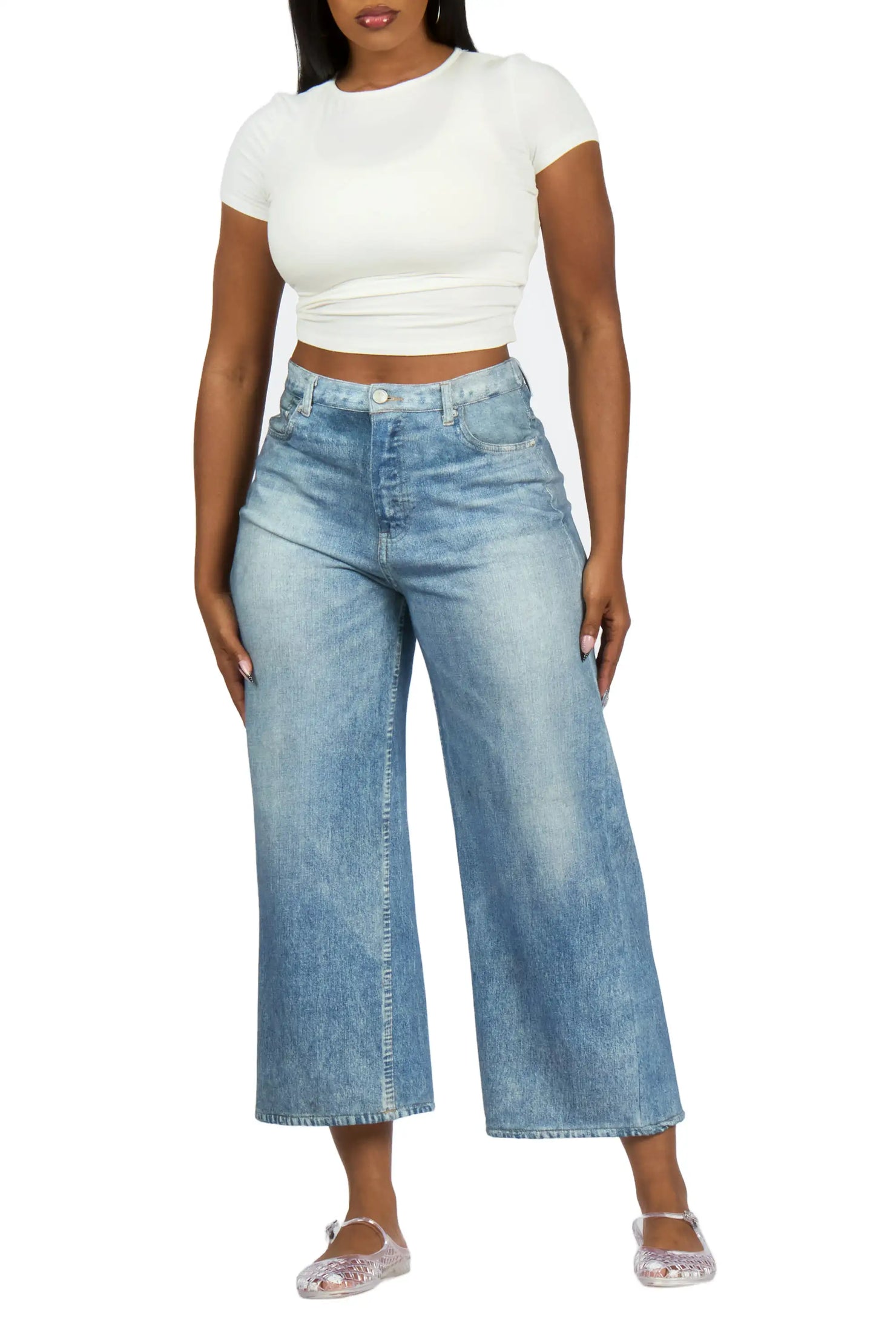 Moxley Med. Wash Denim Print Stretch Terry Sweatpant Capri