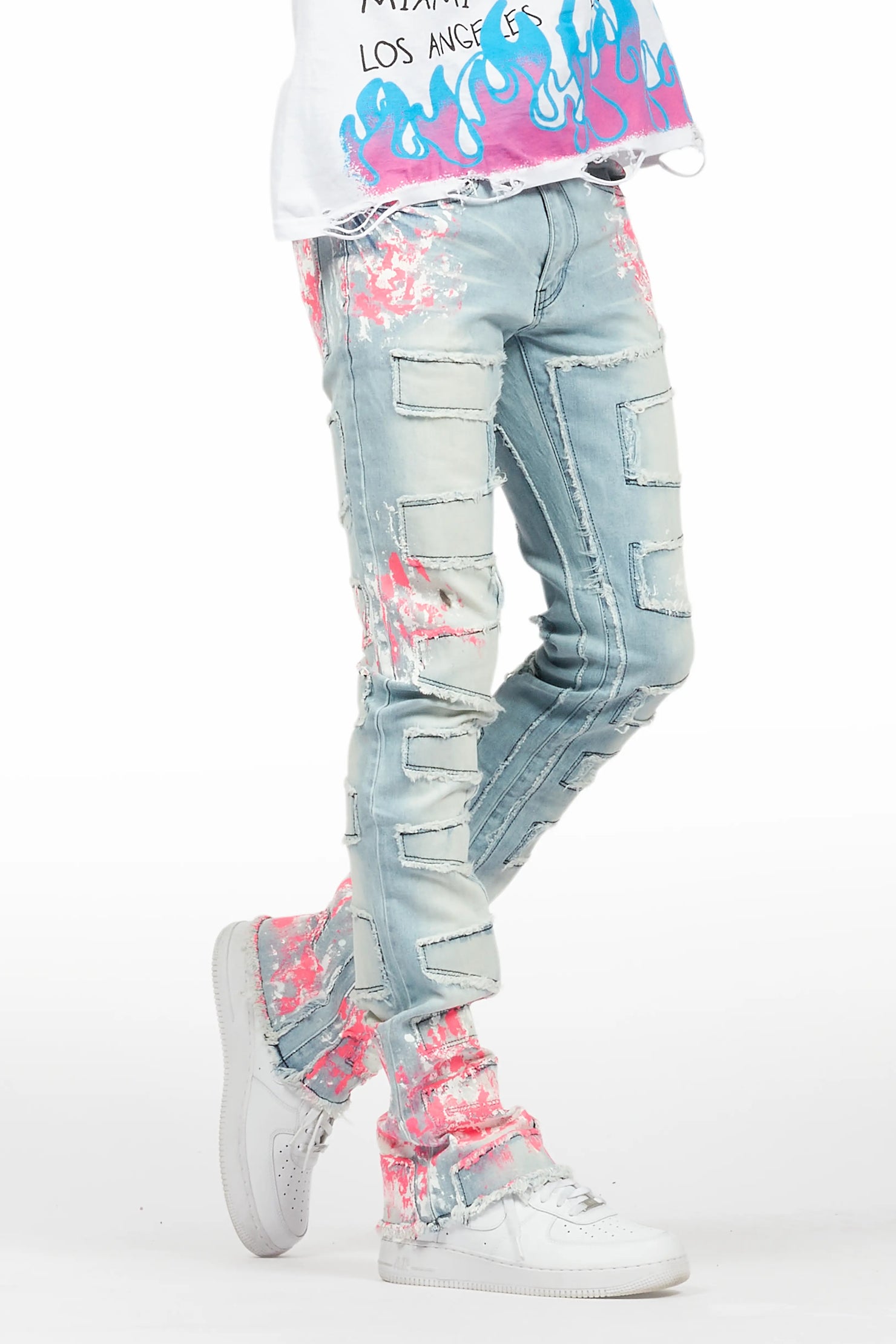 Kodak Blue/Pink Painter Stacked Flare Fringe Jean