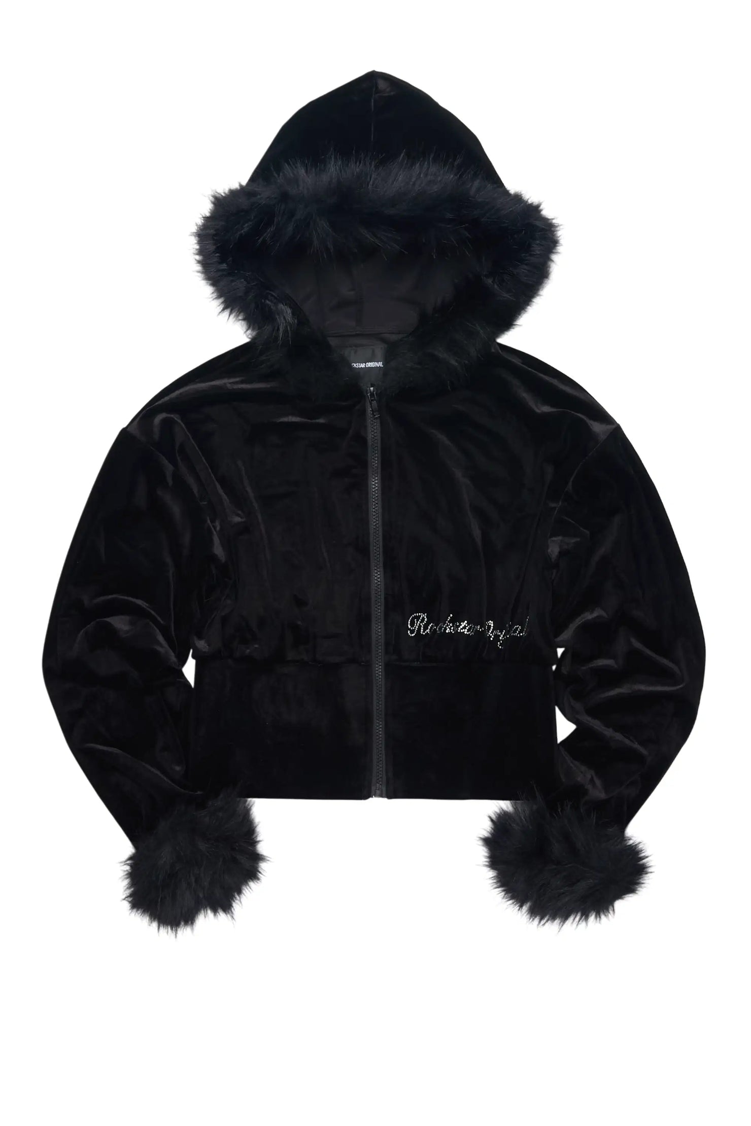 Shanika Black Velour Crop Hoodie With Fur Hood