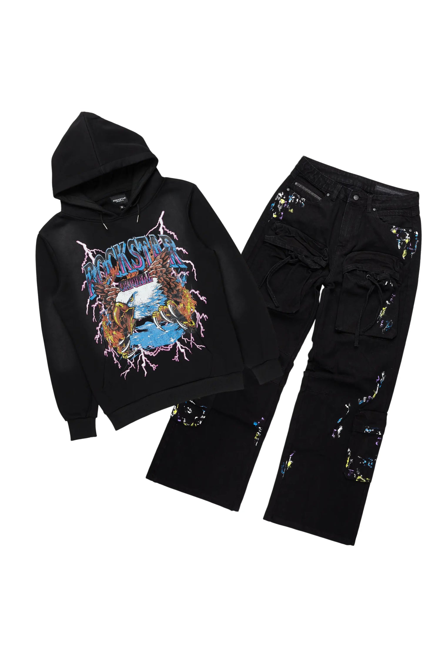 Darken Black Hoodie/Baggy Fit Cargo Jean Set