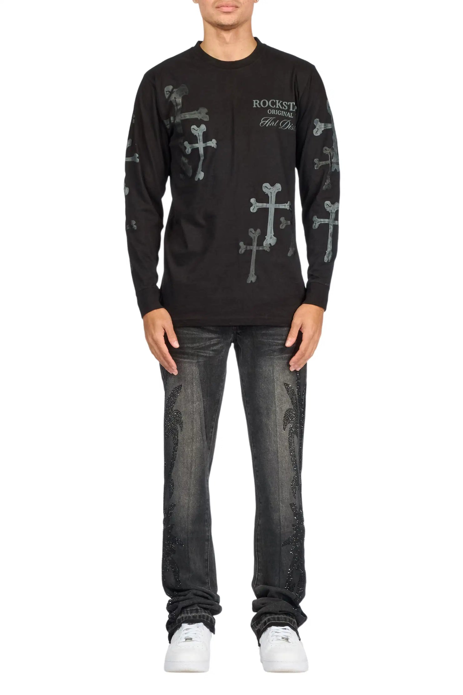 Shamaz Rhinestone Dark Grey Stacked Flare Jean