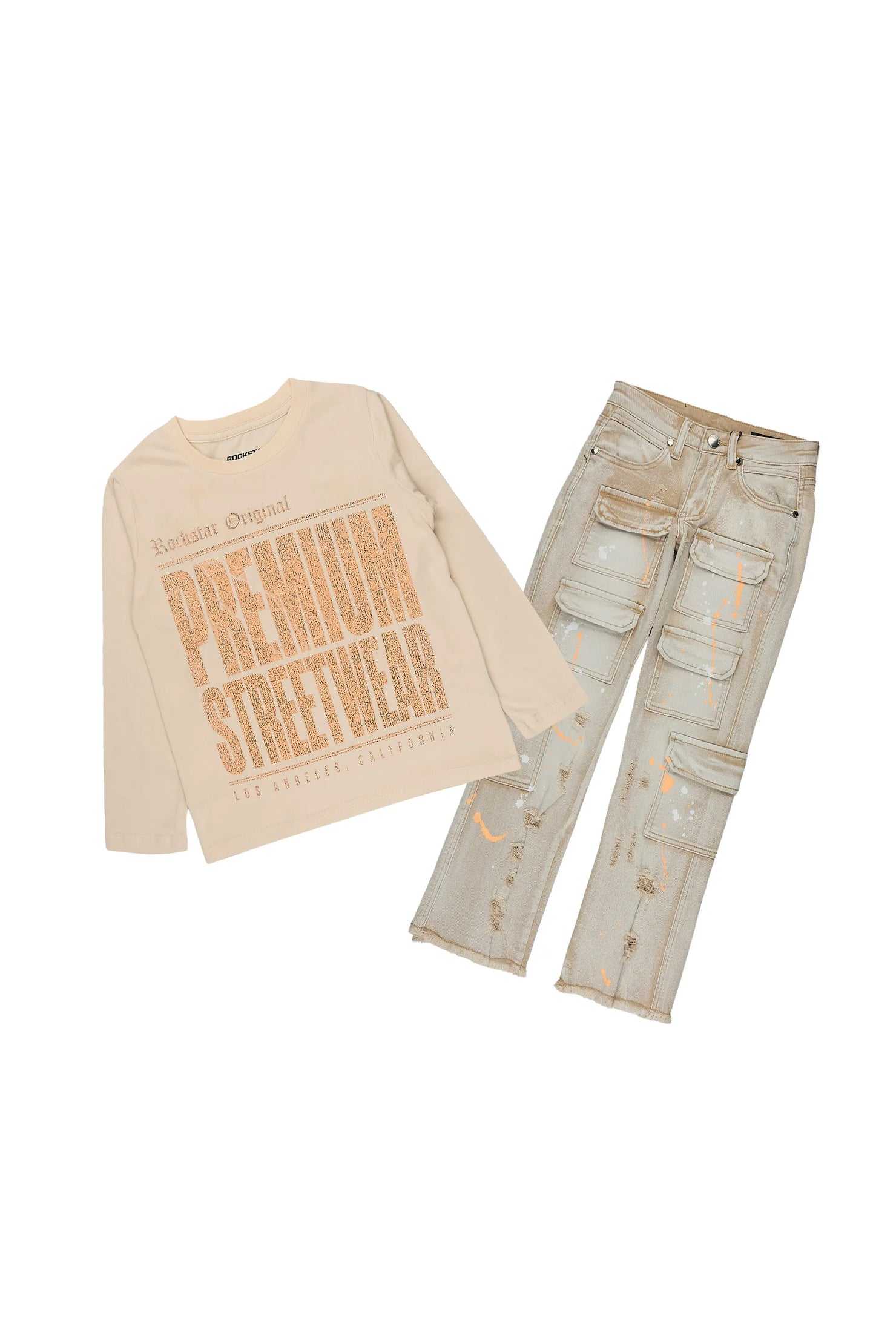 Girls Pluty Beige Long Sleeve T-Shirt Stacked Jean Set