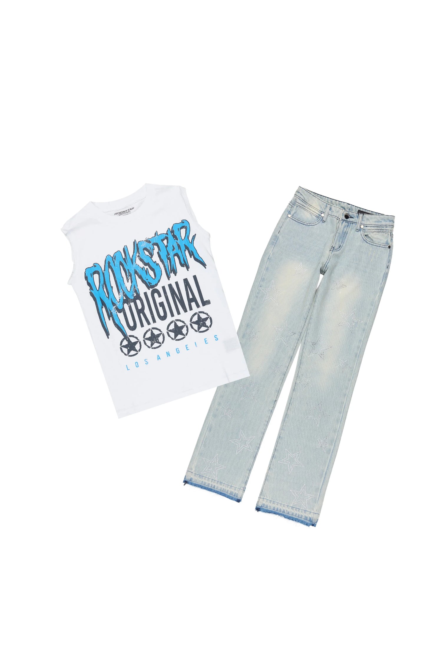 Boys Wizzurd White/Blue Cut Off Stacked Jean Set