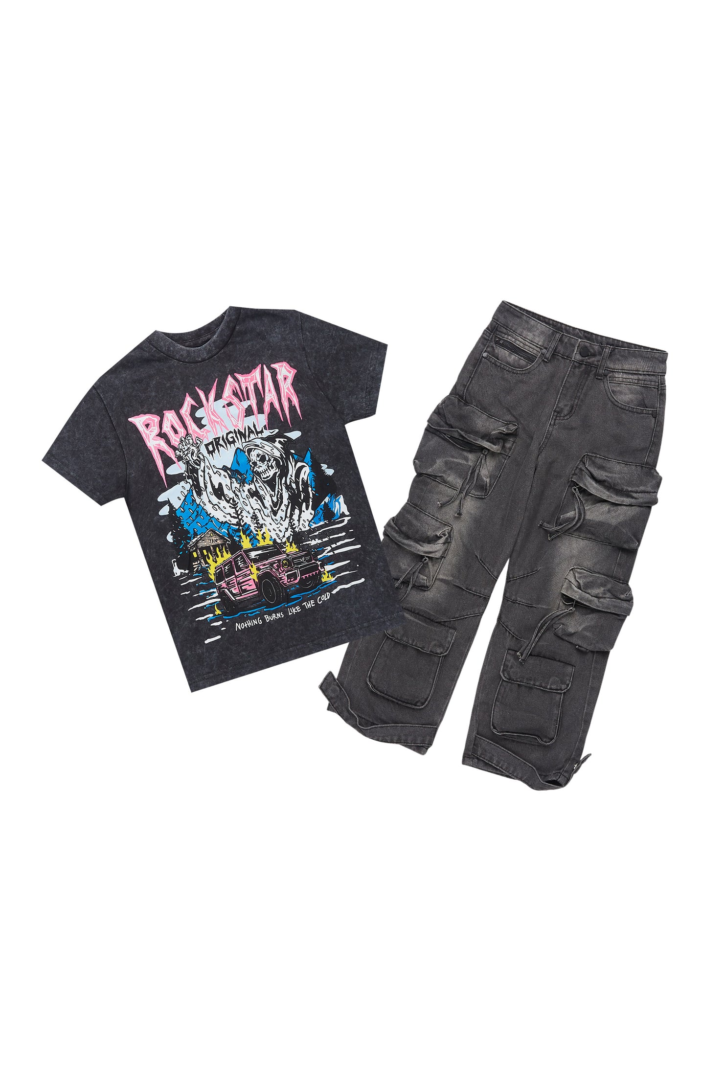 Boys Kip Vintage Black/Fuchsia T-Shirt/Stacked Flare Jean Set