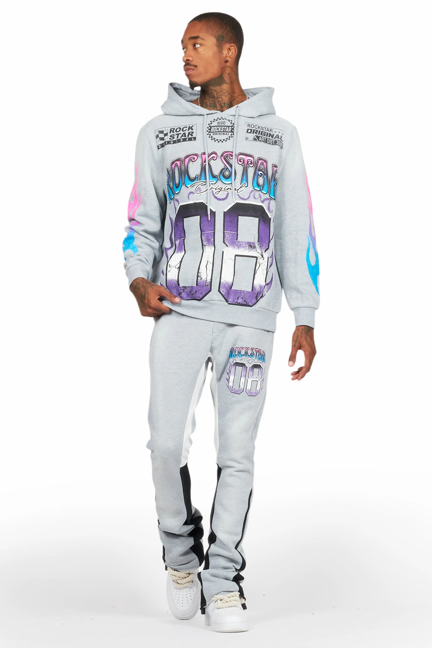 Quito Heather Grey Stacked Flare Hoodie Track Set