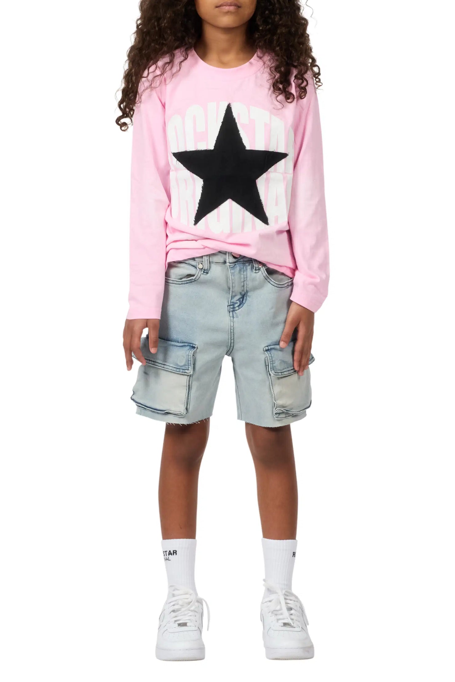 Girls Vary Pink/Black Long Sleeve T-Shirt/Denim Short Set