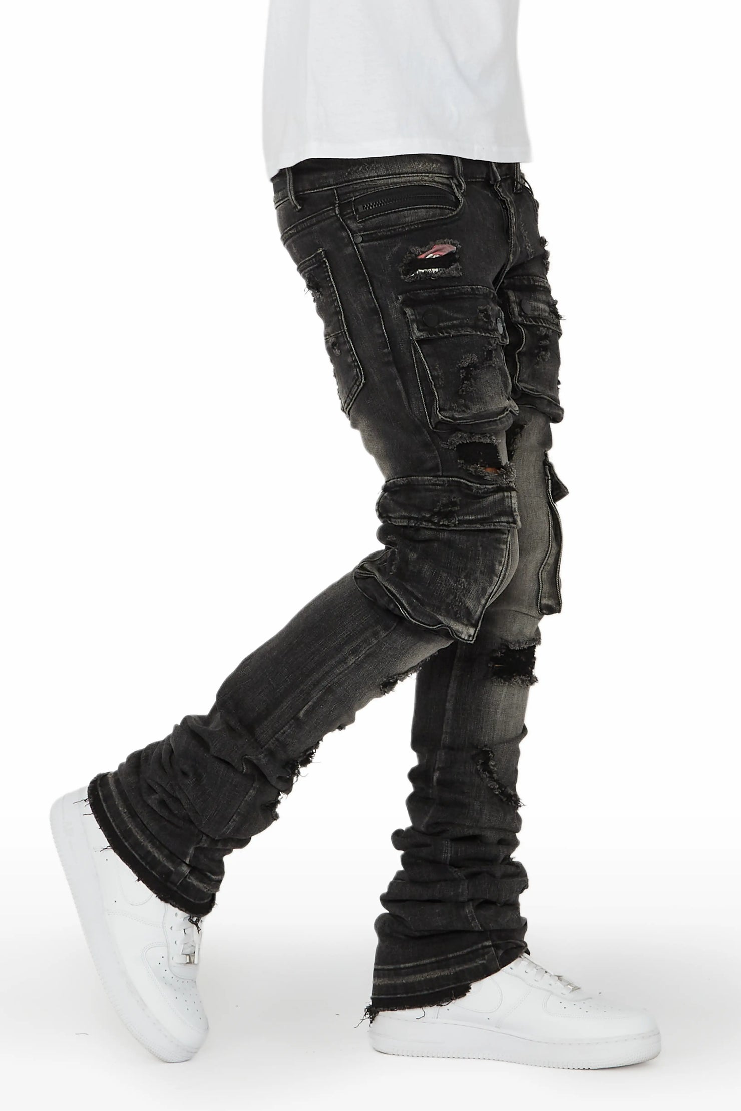 Zaire Grey Cargo Super Stacked Flare Jean