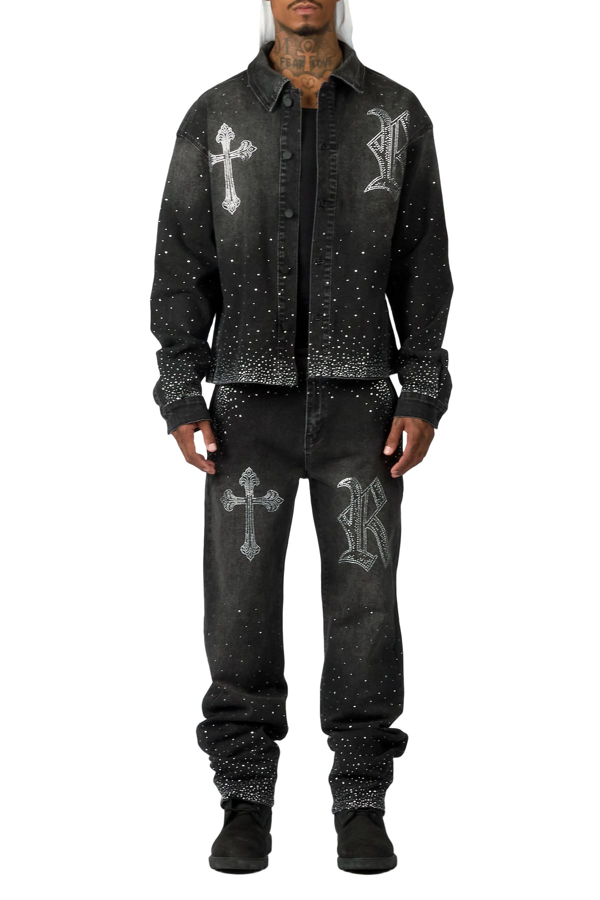 Clemente Dark Grey Rhinestone Button Down Shirt/Jean Set