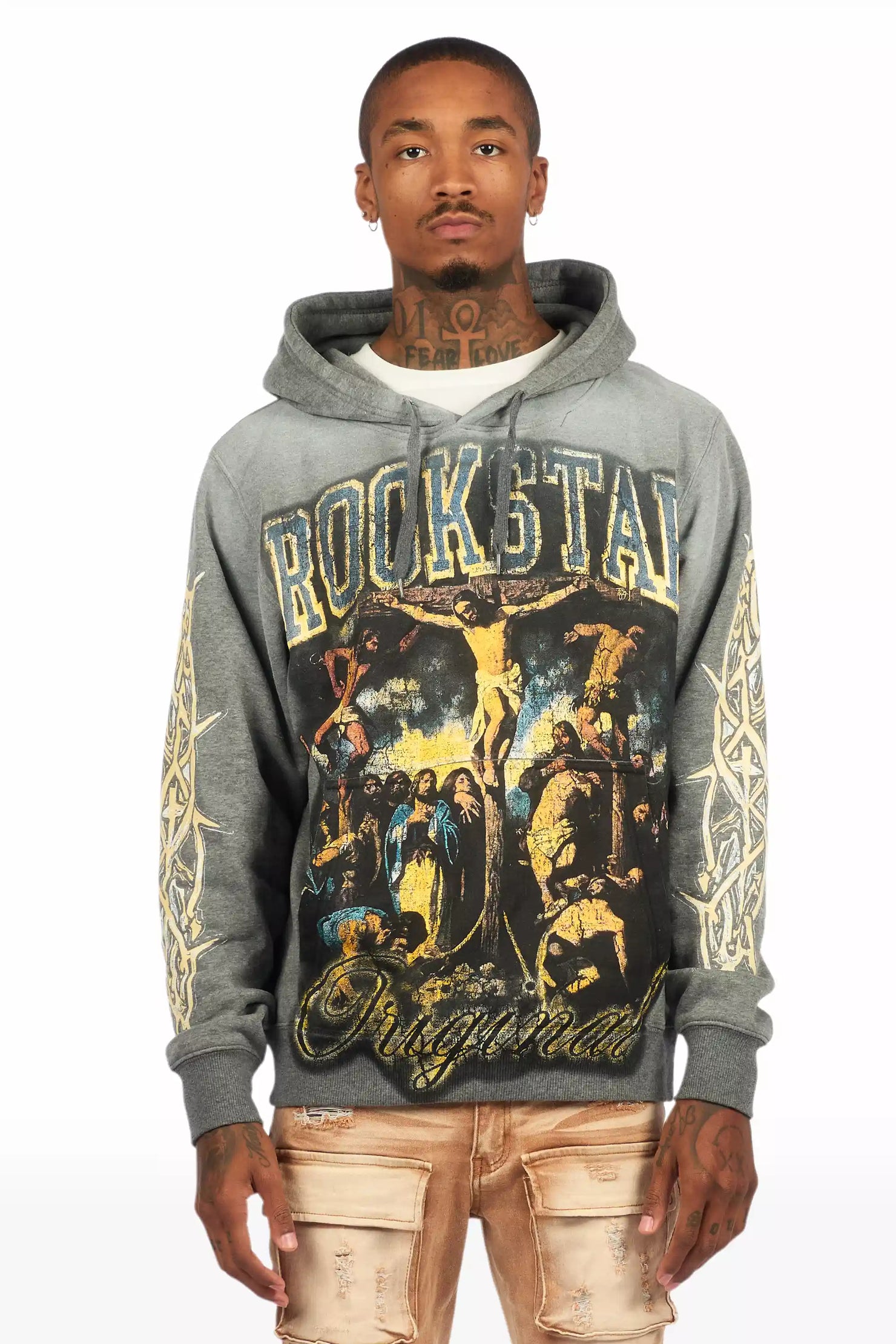 Waller Heather Grey Graphic Distressed Hoodie