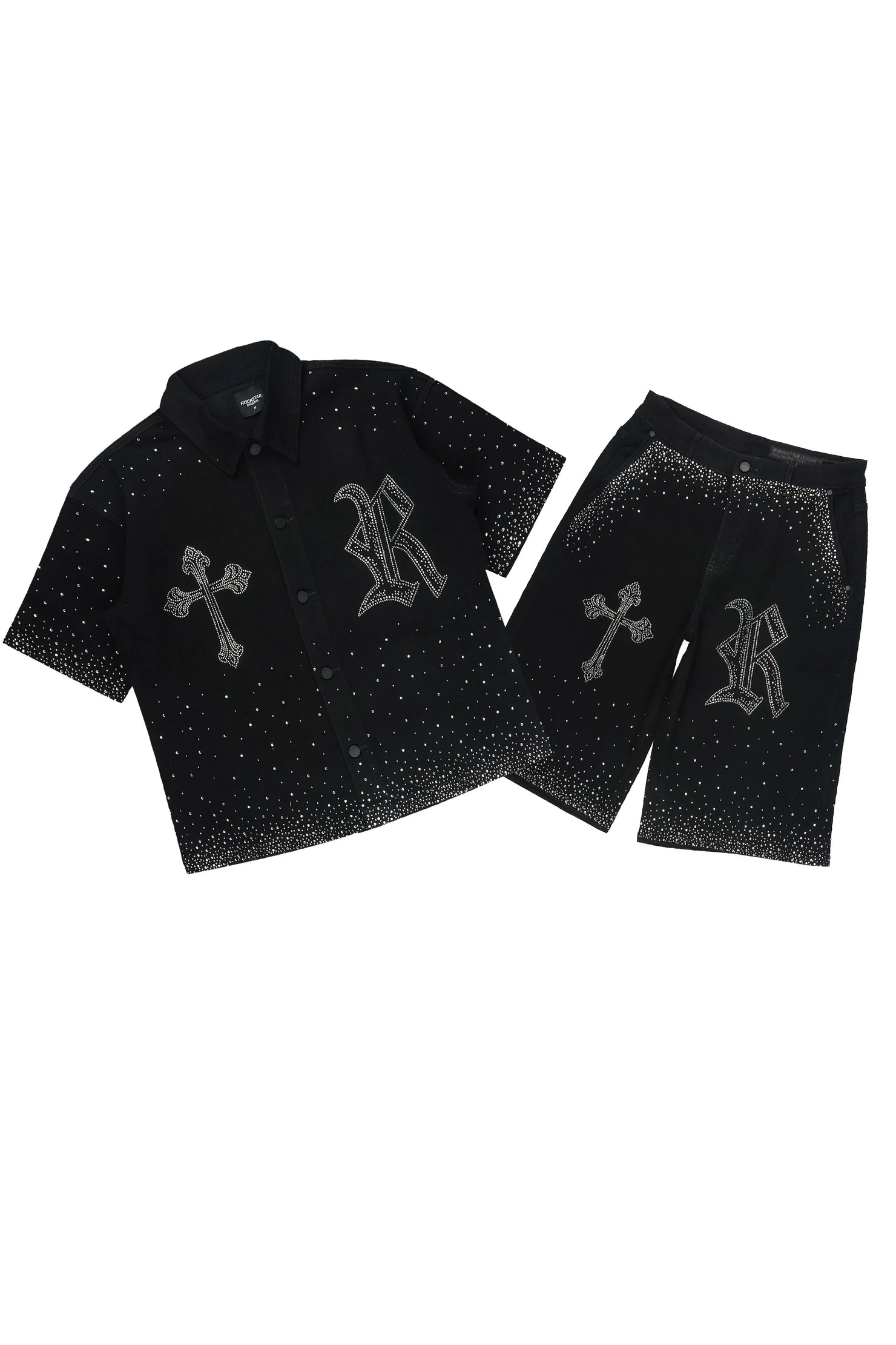 Clemente Jet Black Rhinestone Button Down Shirt Jort Set