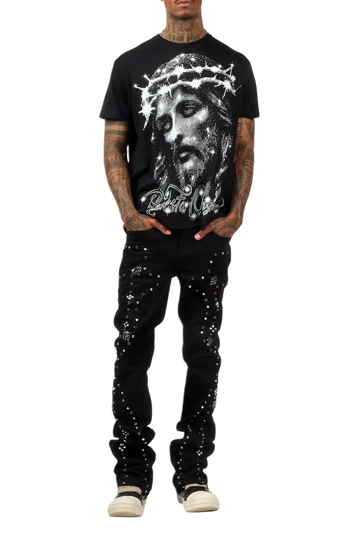Chaz Jet Black Stud Stacked Flare Jean