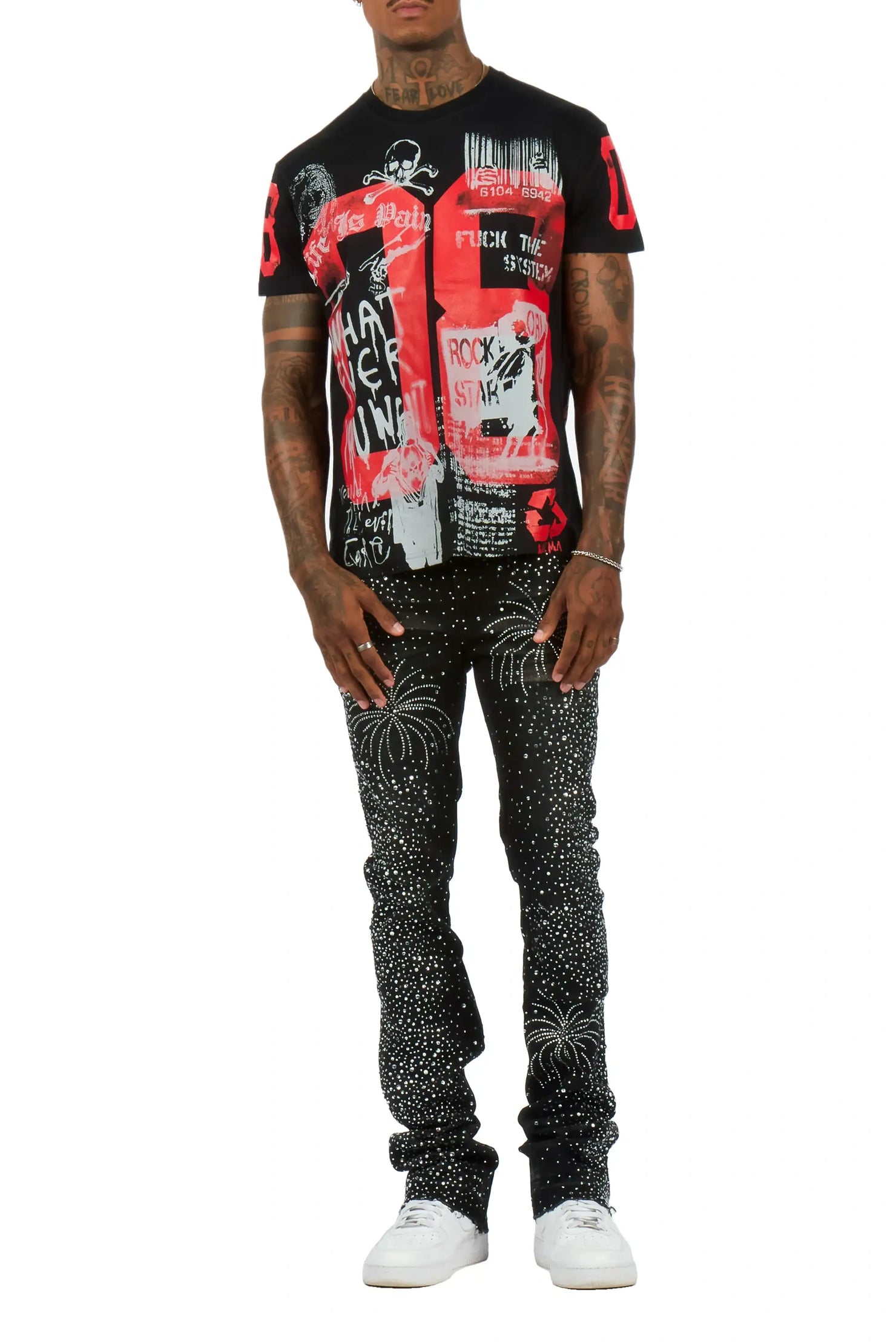 Raiden Dark Grey Rhinestone Stacked Fit Jean