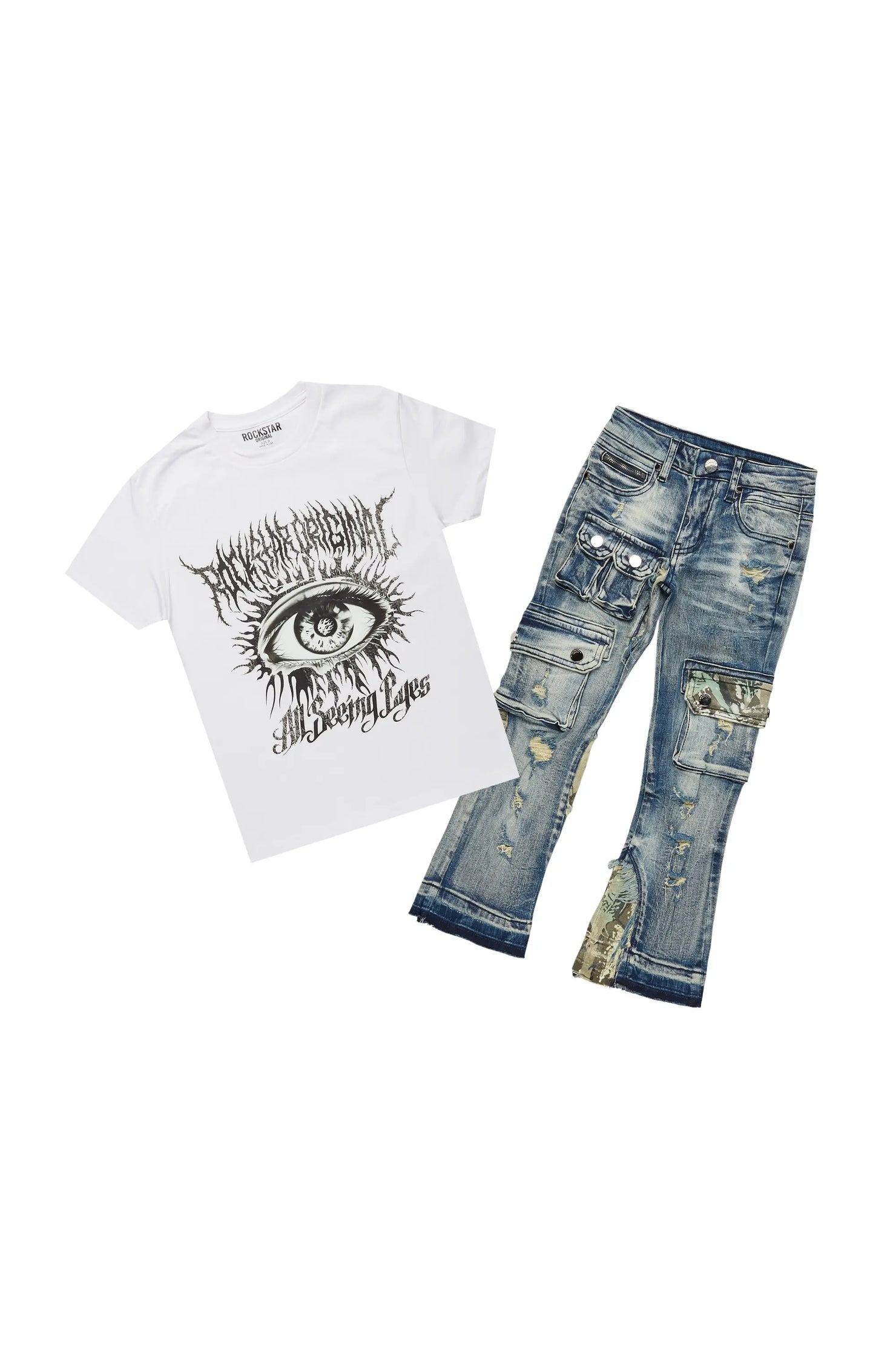 Boys All Seeing Eyes White T-Shirt/Stacked Flare Jean Set
