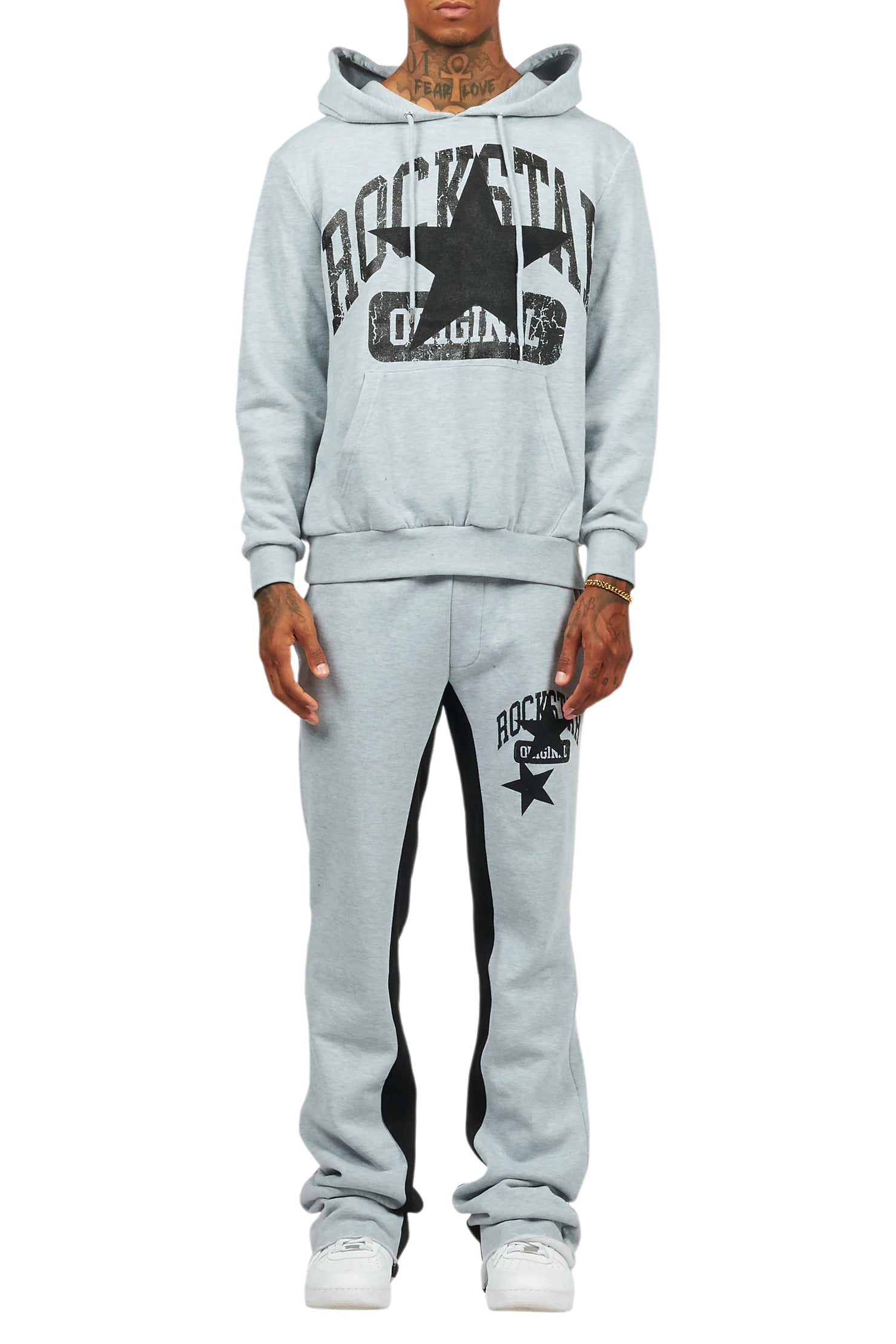 Mallor Heather Grey Baggy Stacked Hoodie Track Set