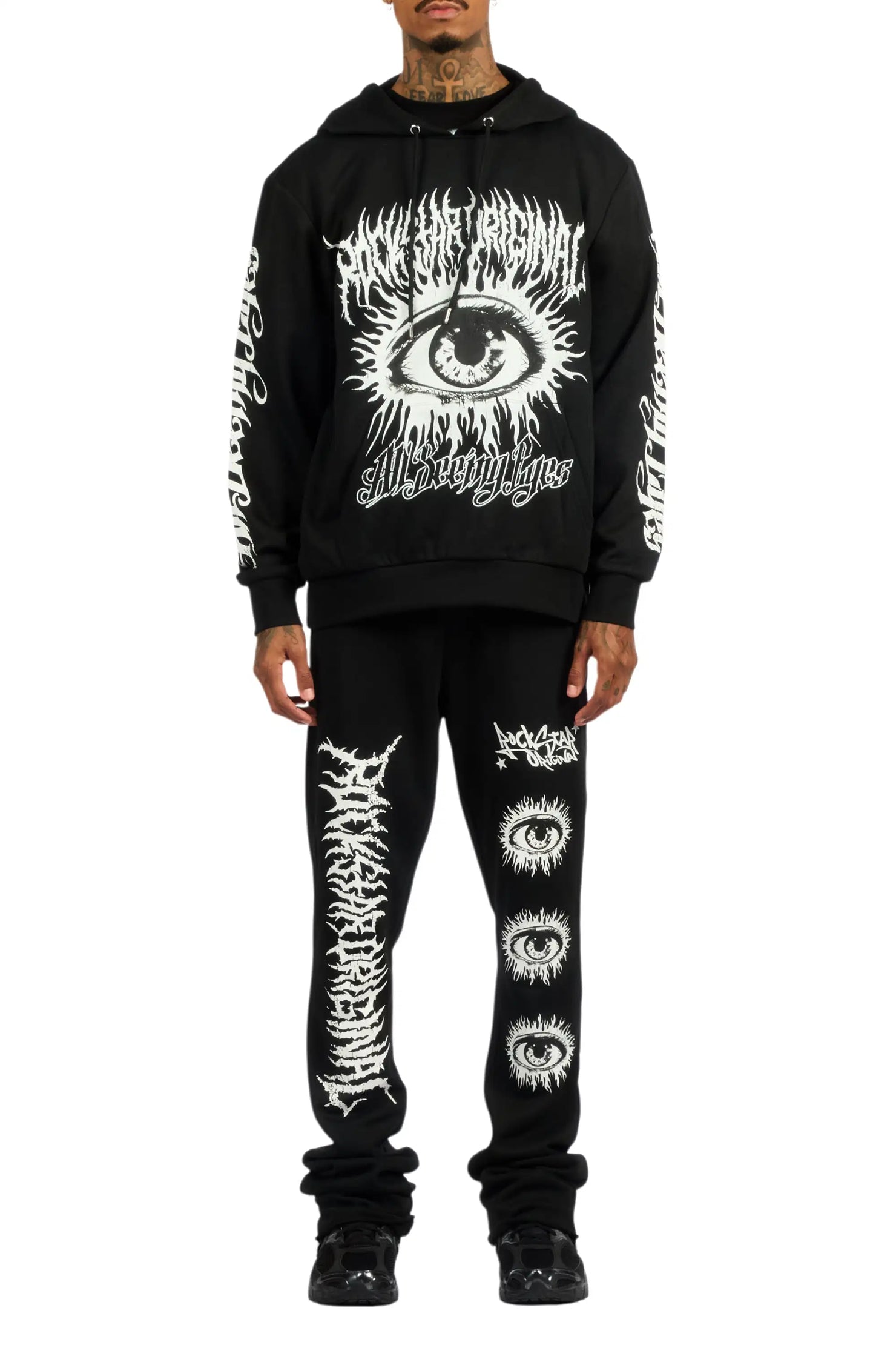 All Seeing Eyes Black Stacked Flare Track Pant Set