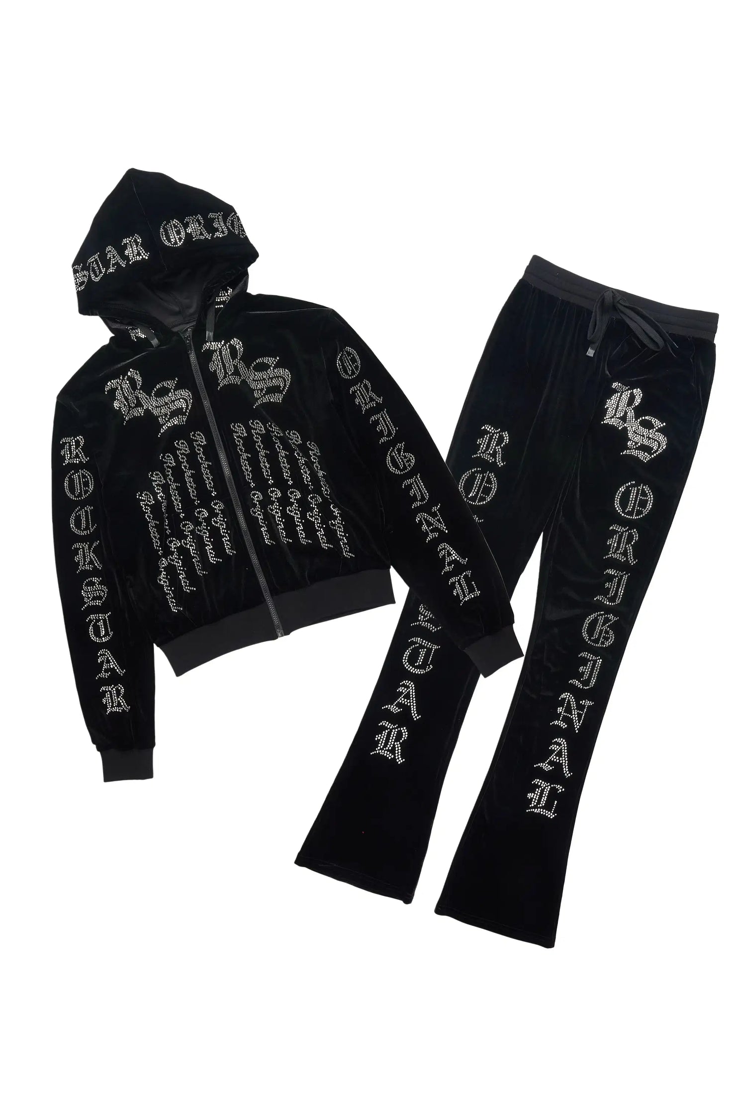 Doniqua Black Rhinestone Velour Stacked Track Set
