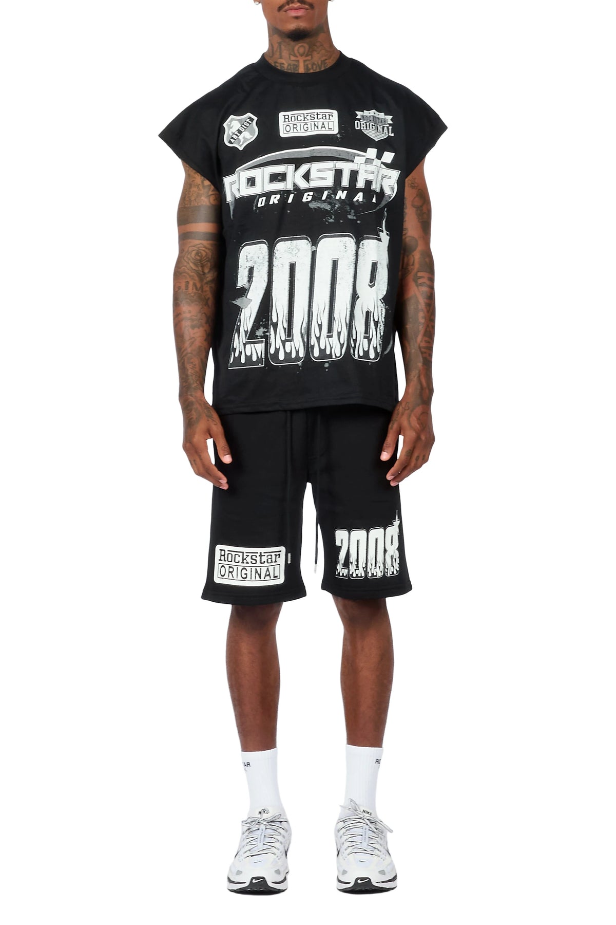 Amos Black/White Graphic Cut Sleeve T-Shirt Short Set