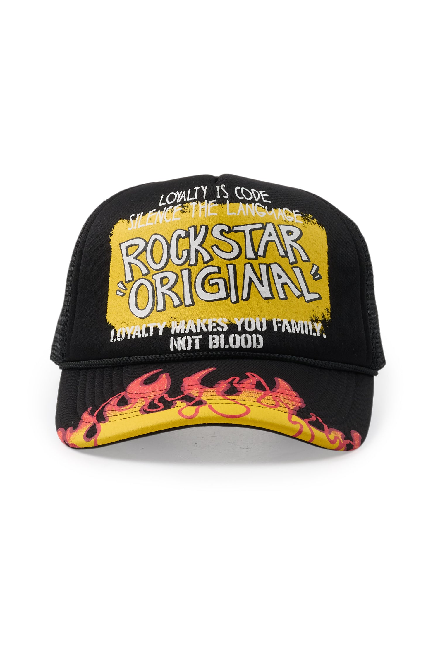 Beno Black/Yellow Flames Graphic Trucker Hat