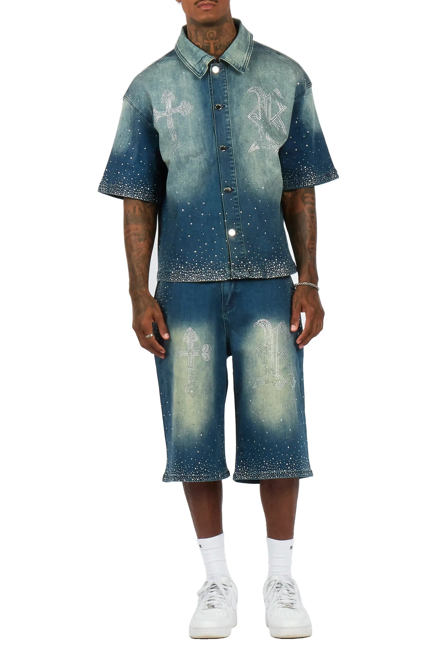 Clemente Medium Blue Rhinestone Button Down Shirt Denim Short Set