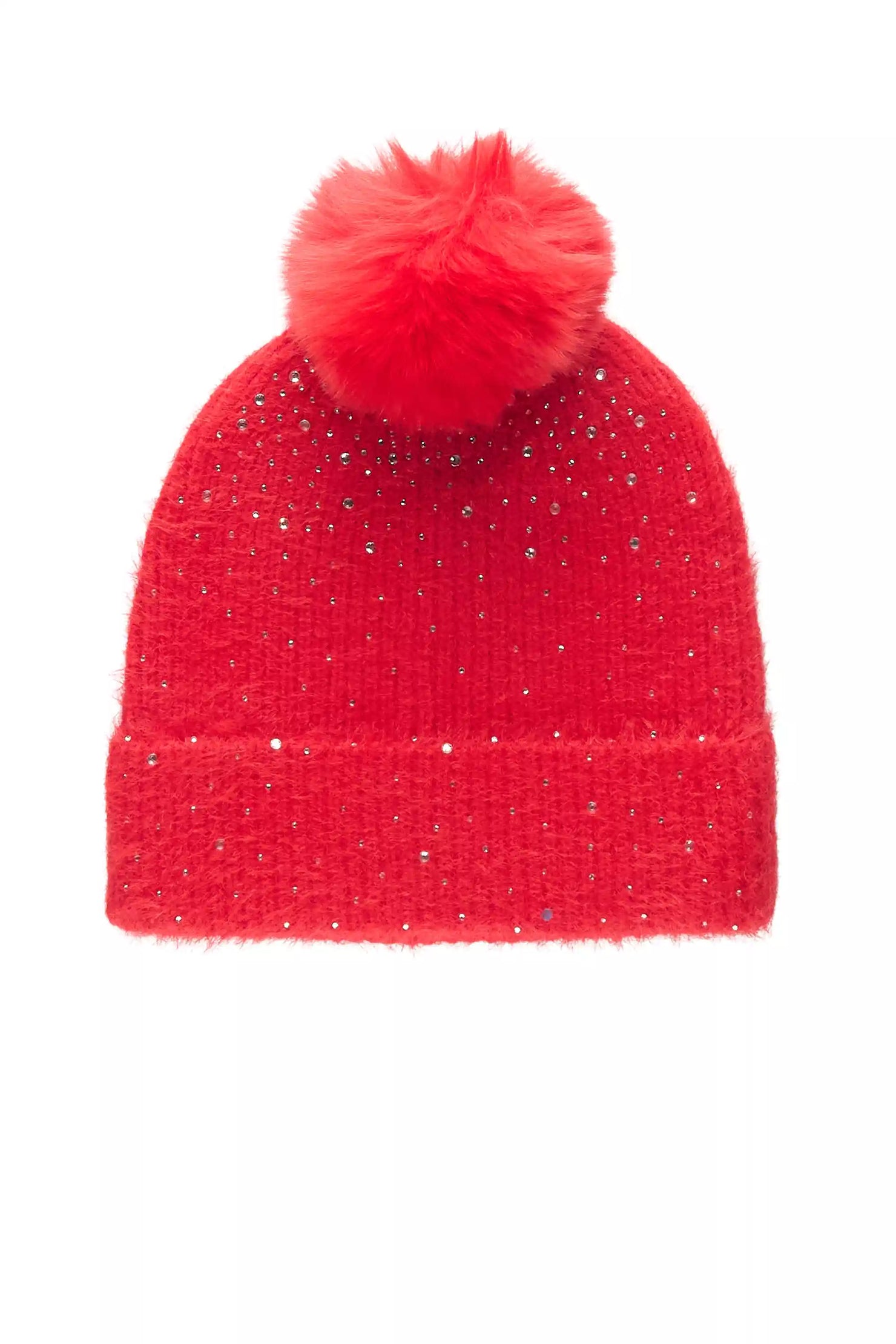 Tajuana Red Rhinestone Beanie With Fur Pom