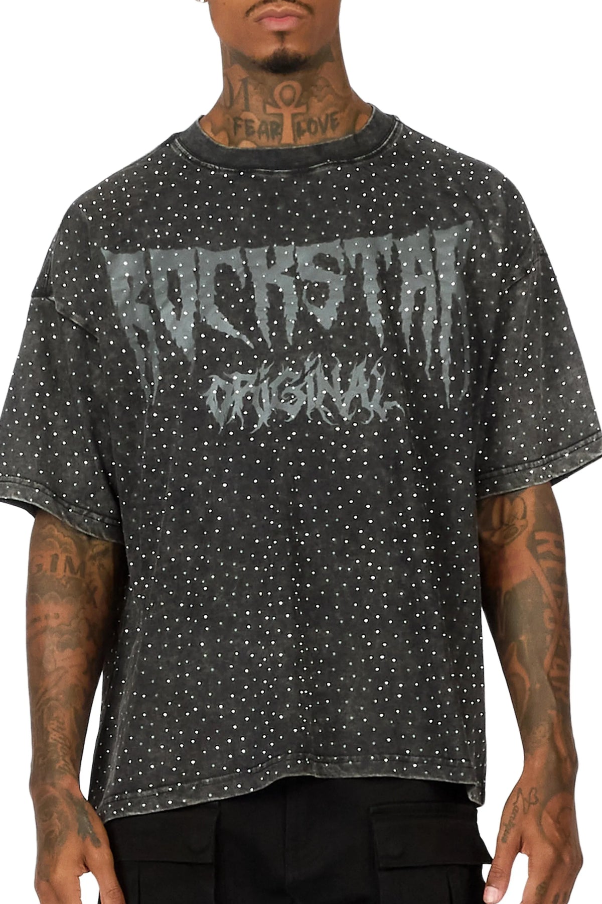 Andros Black Rhinestone Oversized Graphic T-Shirt