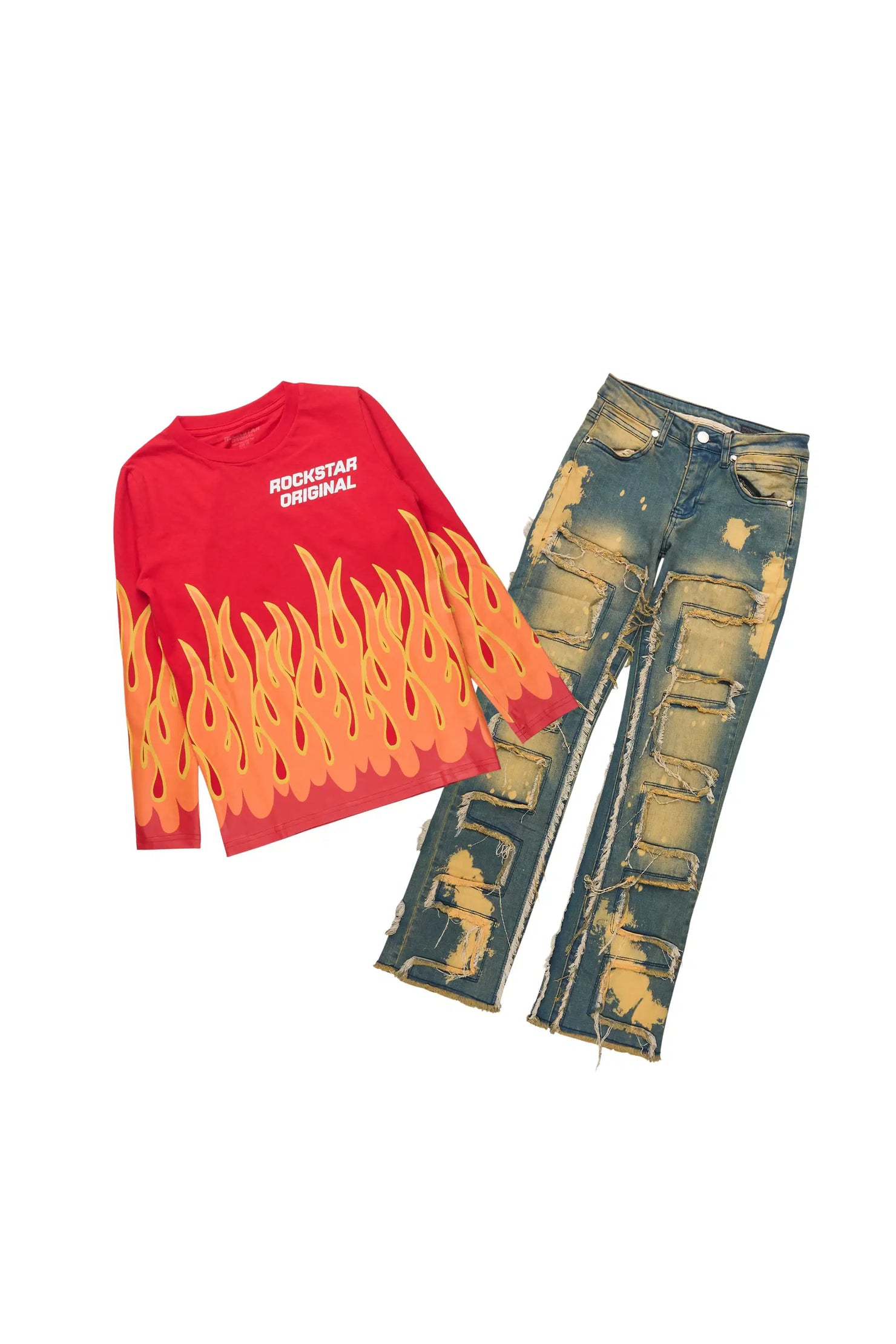 Boys Roeland Red Long Sleeve T-Shirt & Laban Tint Bleach Stacked Flare Jean Set