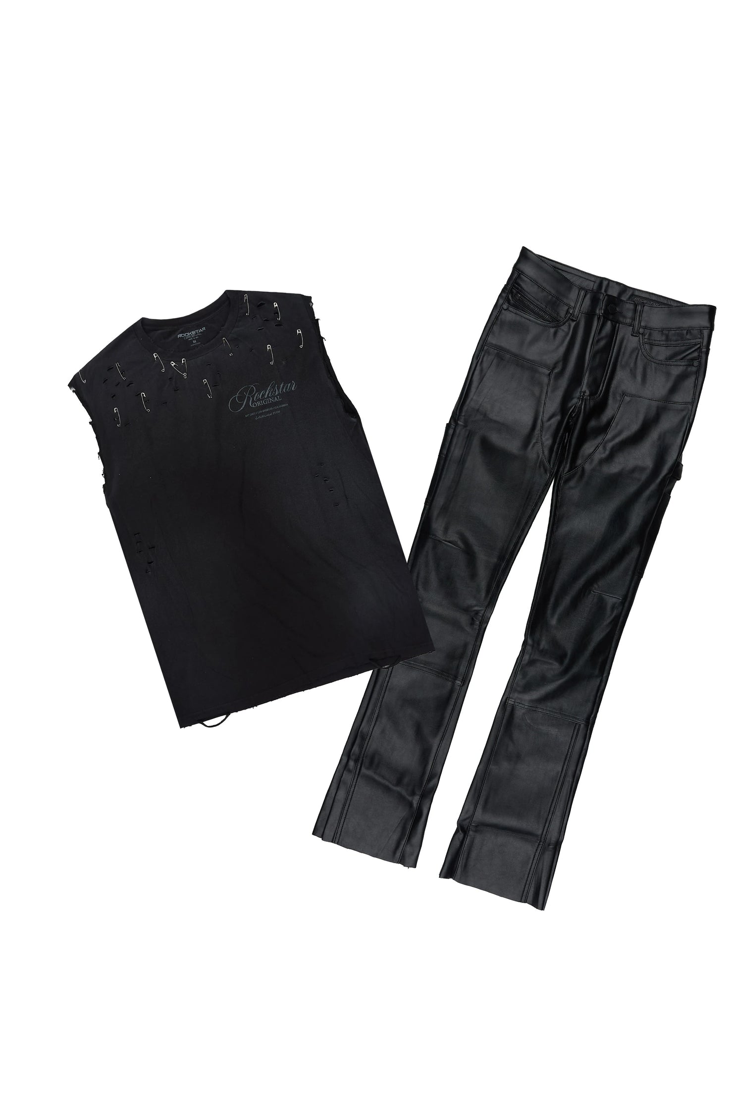 Yozi Black Oversized Graphic T-Shirt & Quatz Leather Stacked Flare Jean