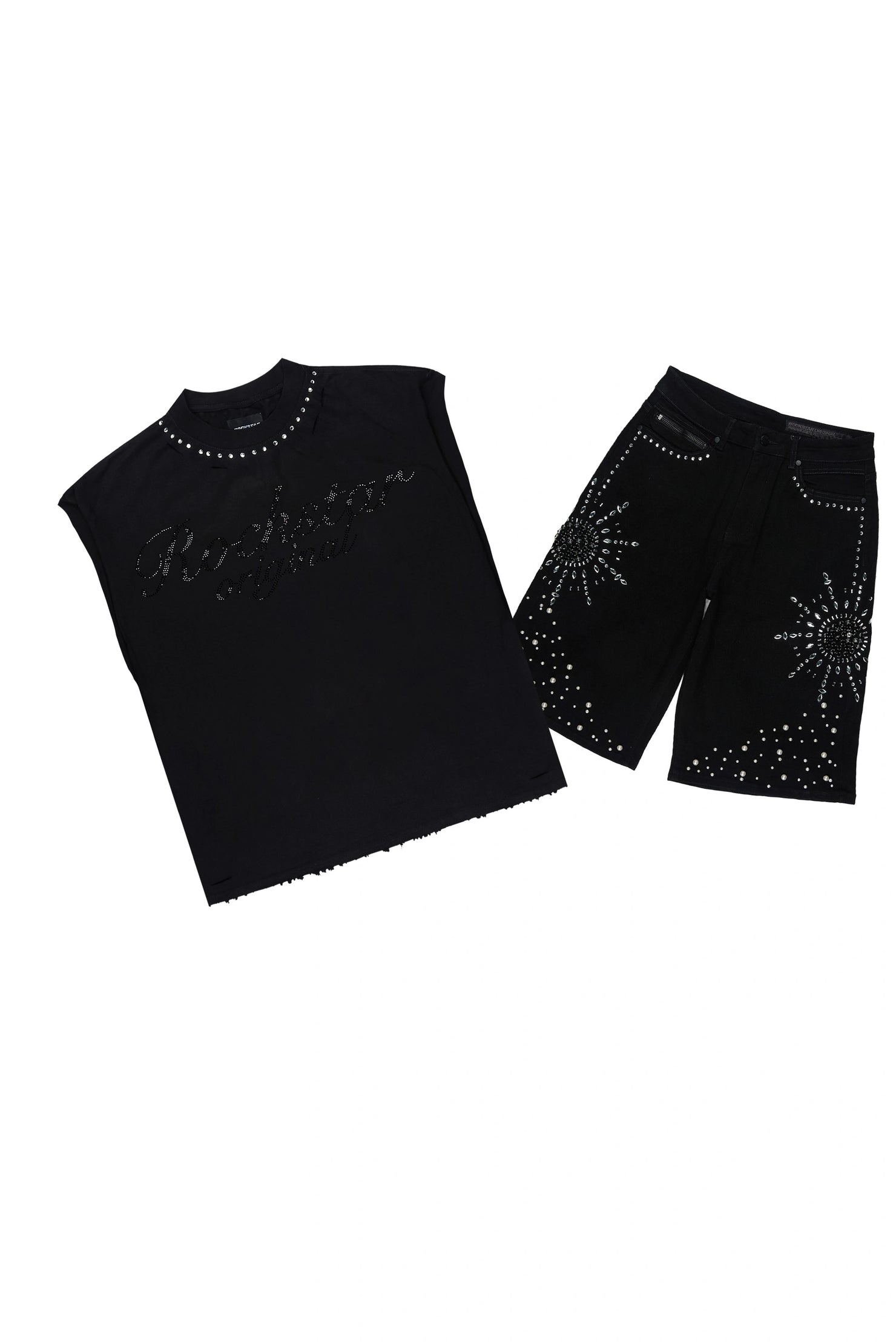 Tryst Black Rhinestone Cut Sleeve T-Shirt Denim Short Set