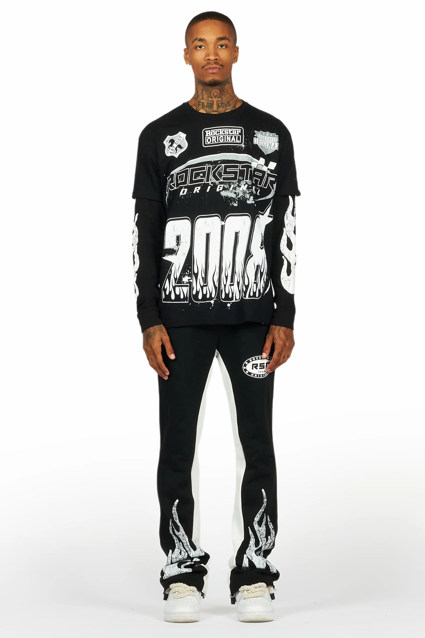 Amos Black Double Layer T-Shirt/Stacked Baggy Pant Set