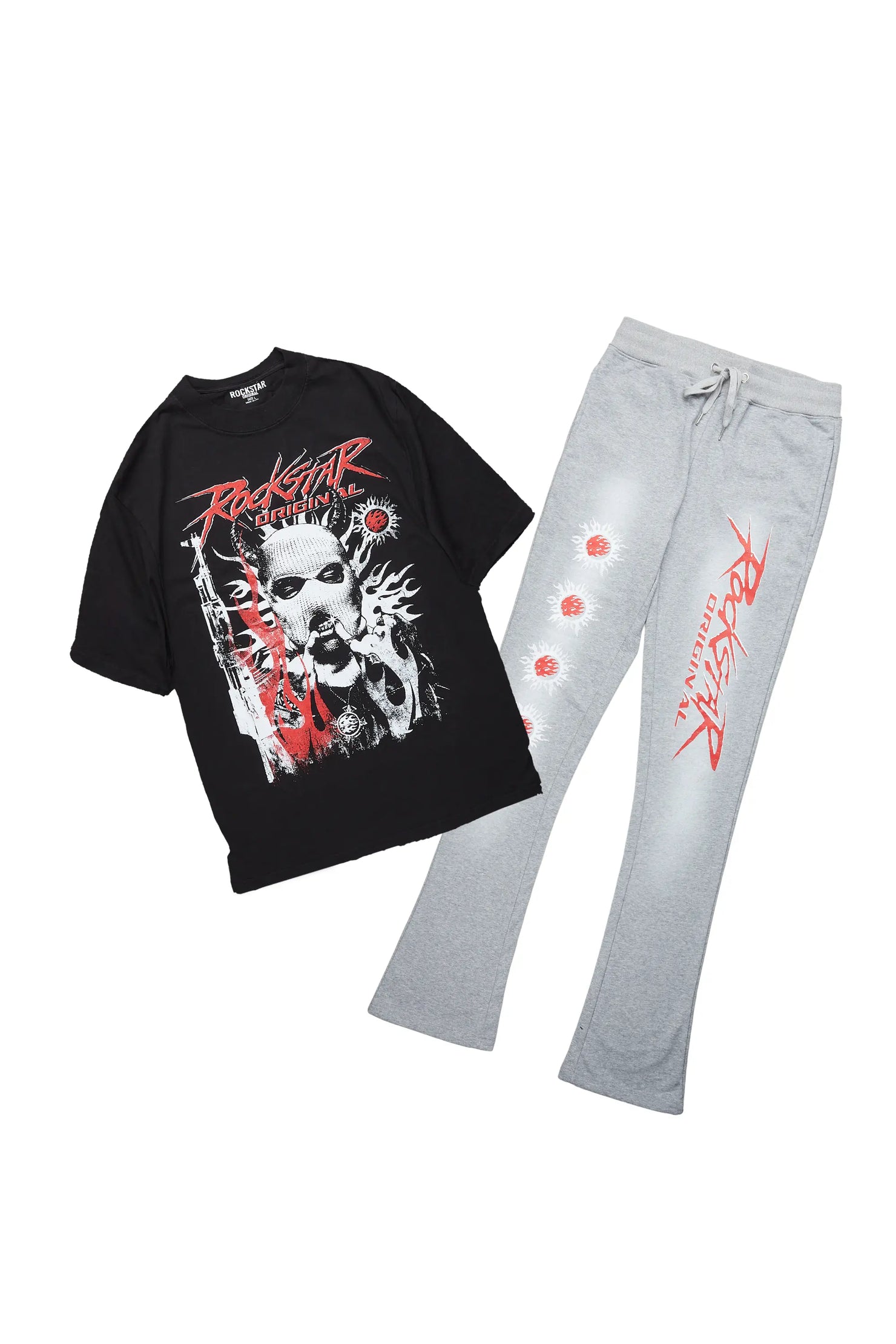 Mercy Black/Grey Oversized T-Shirt/ Stacked Flare Track Pant Set