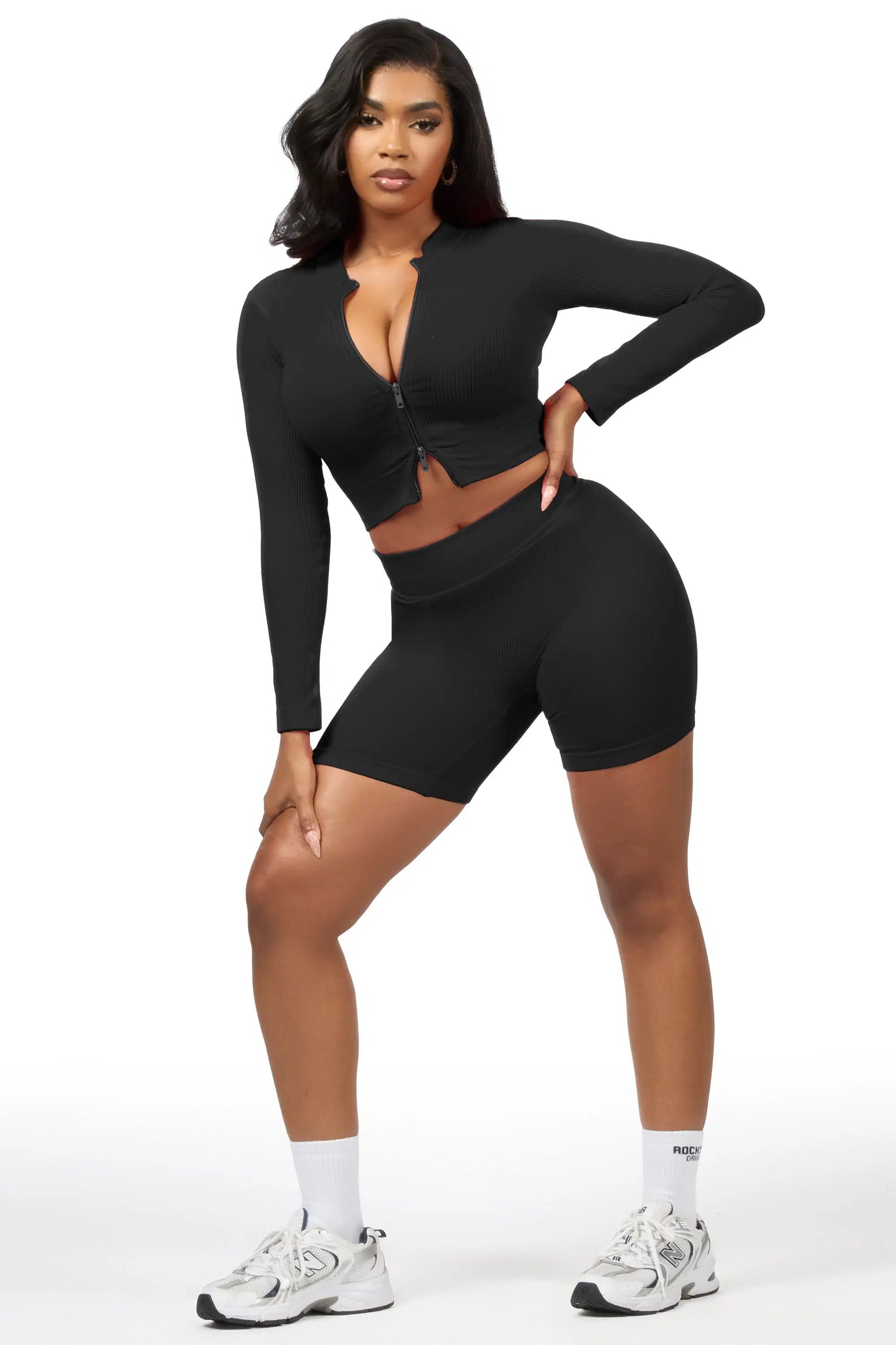 Candree Black Zip Up Active Bike Short Set