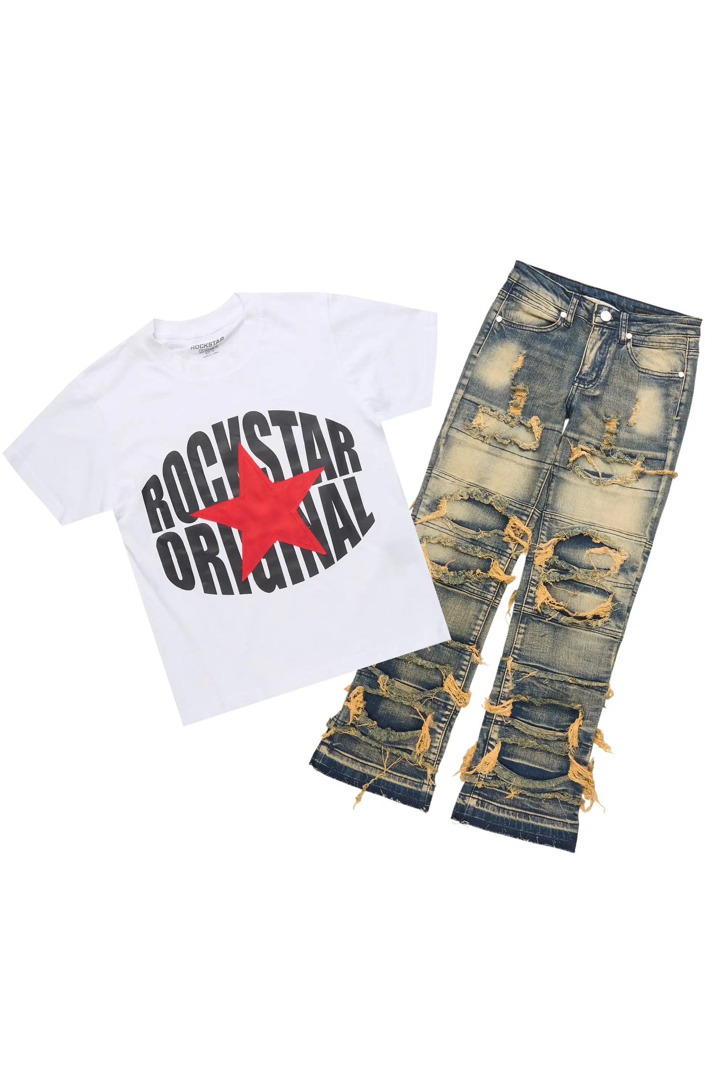 Boys Ezra White T-Shirt & Vasco Dark Tint Stacked Jean Set