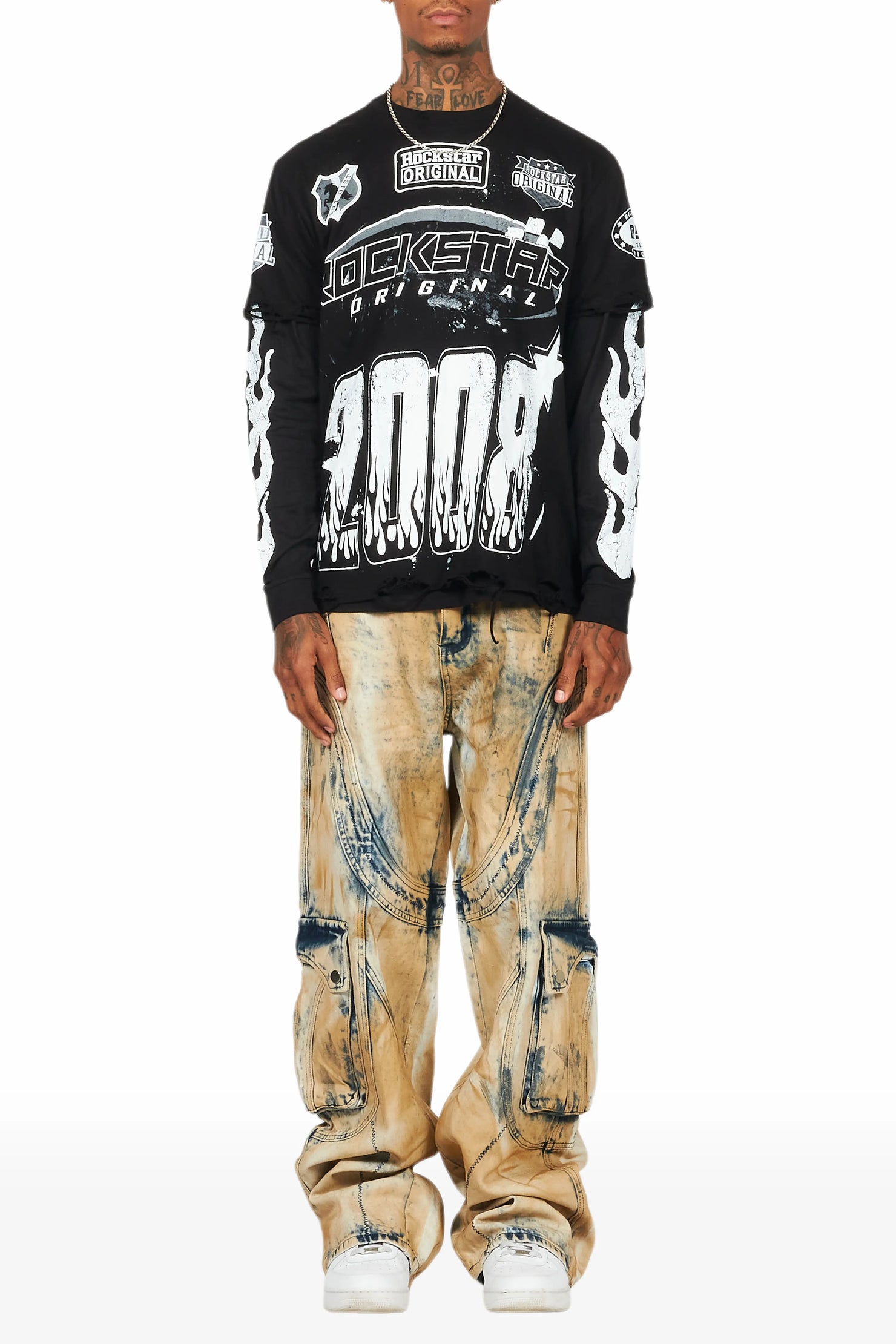 Amos Black/White Double Layer Long Sleeve Graphic T-Shirt