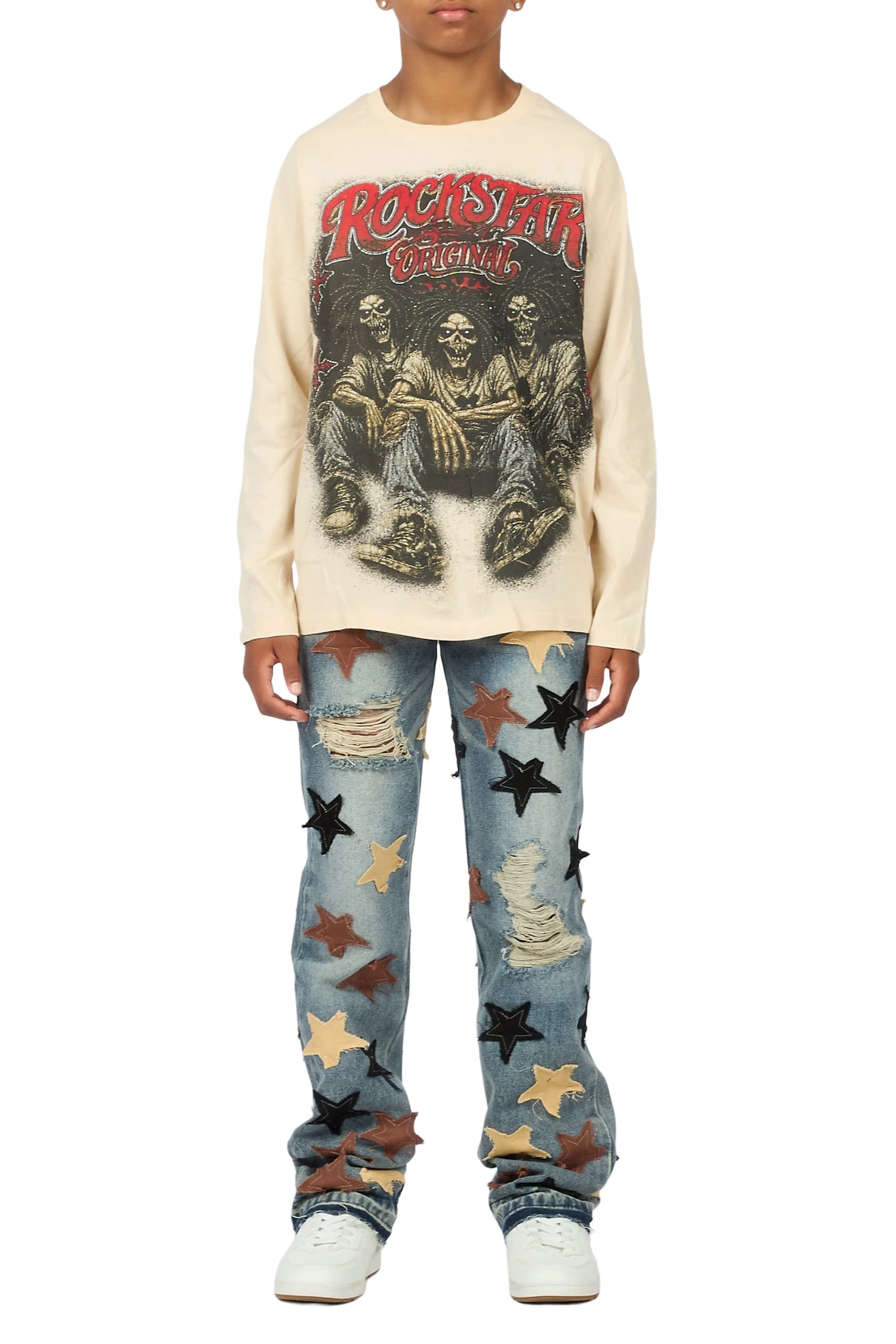 Boys Wilder Sand/Blue Long Sleeve T-shirt Patchwork Jean Set