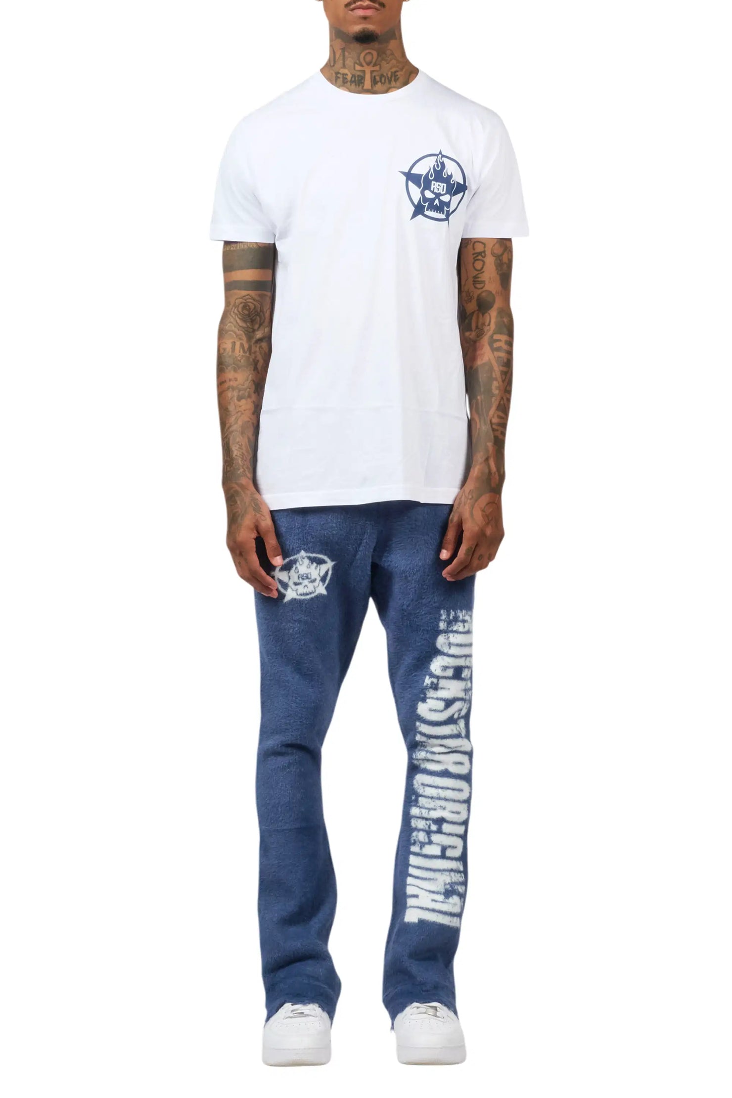 Keve White/Navy T-Shirt/Knitted Mohair Flare Pant Set