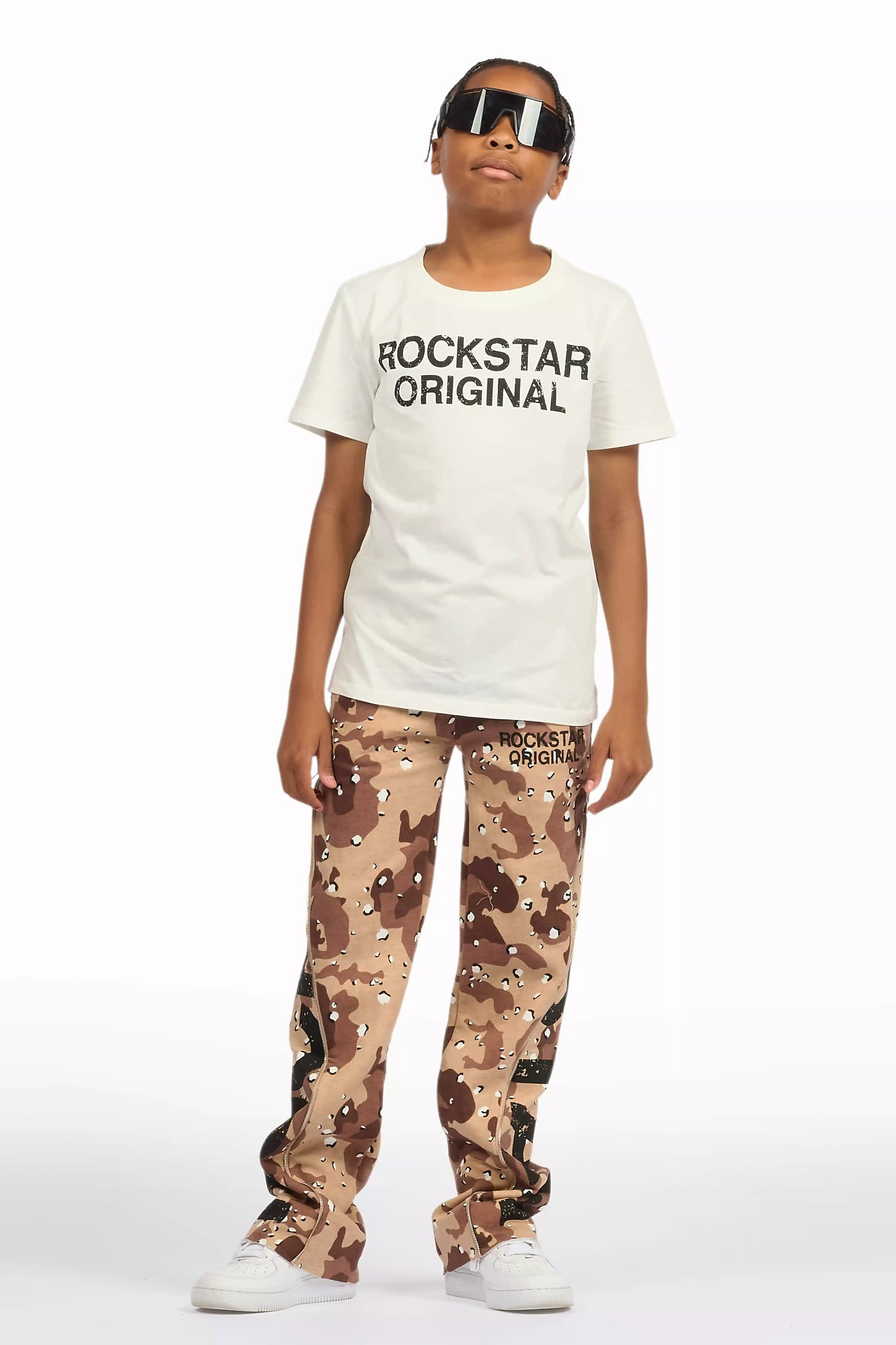 Boys Deniska White/Camo T-Shirt Baggy Stacked Flare Set