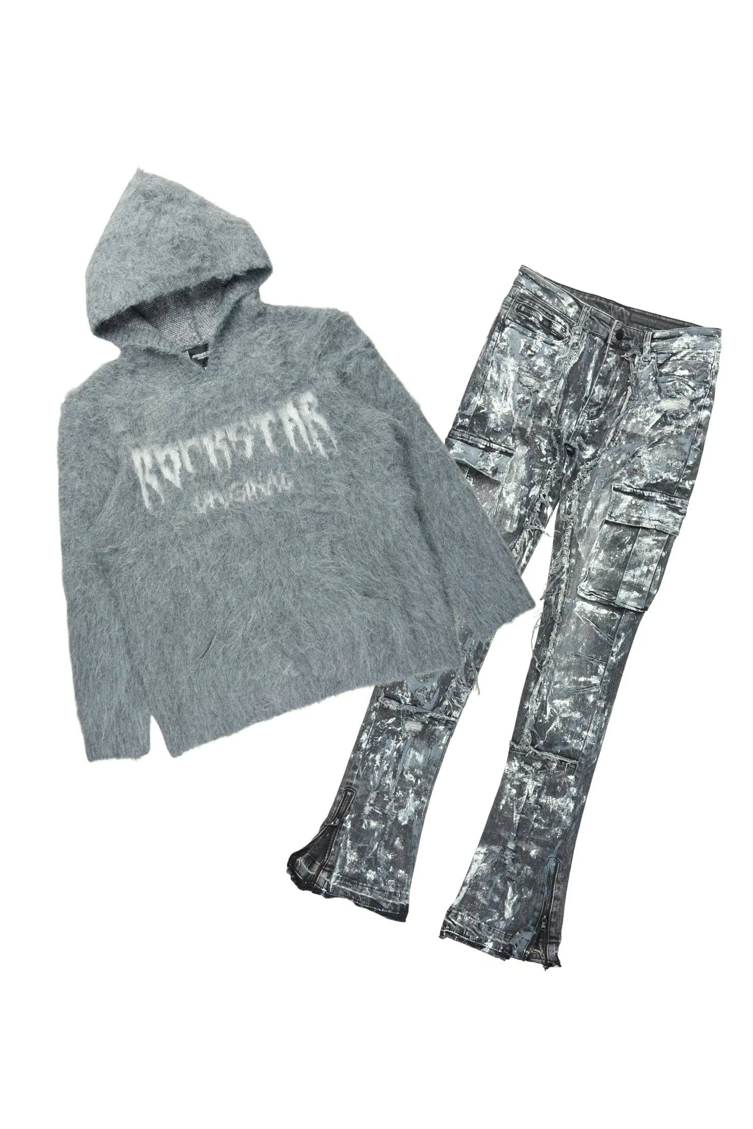 Andros Grey/Dark Grey Mohair Hoodie/Stacked Flare Jean Set
