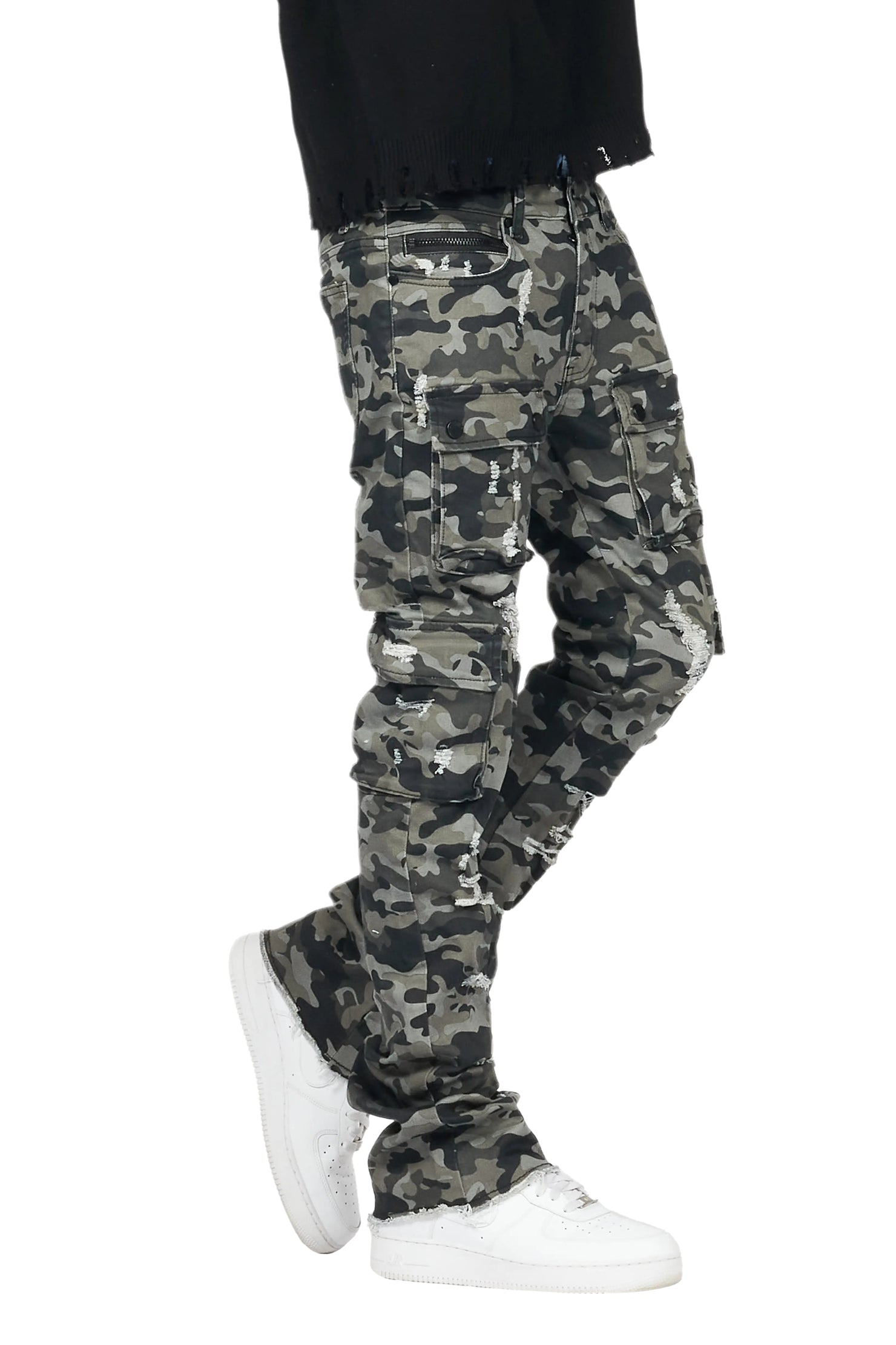 Zaid Grey Camo Stacked Flare Jean