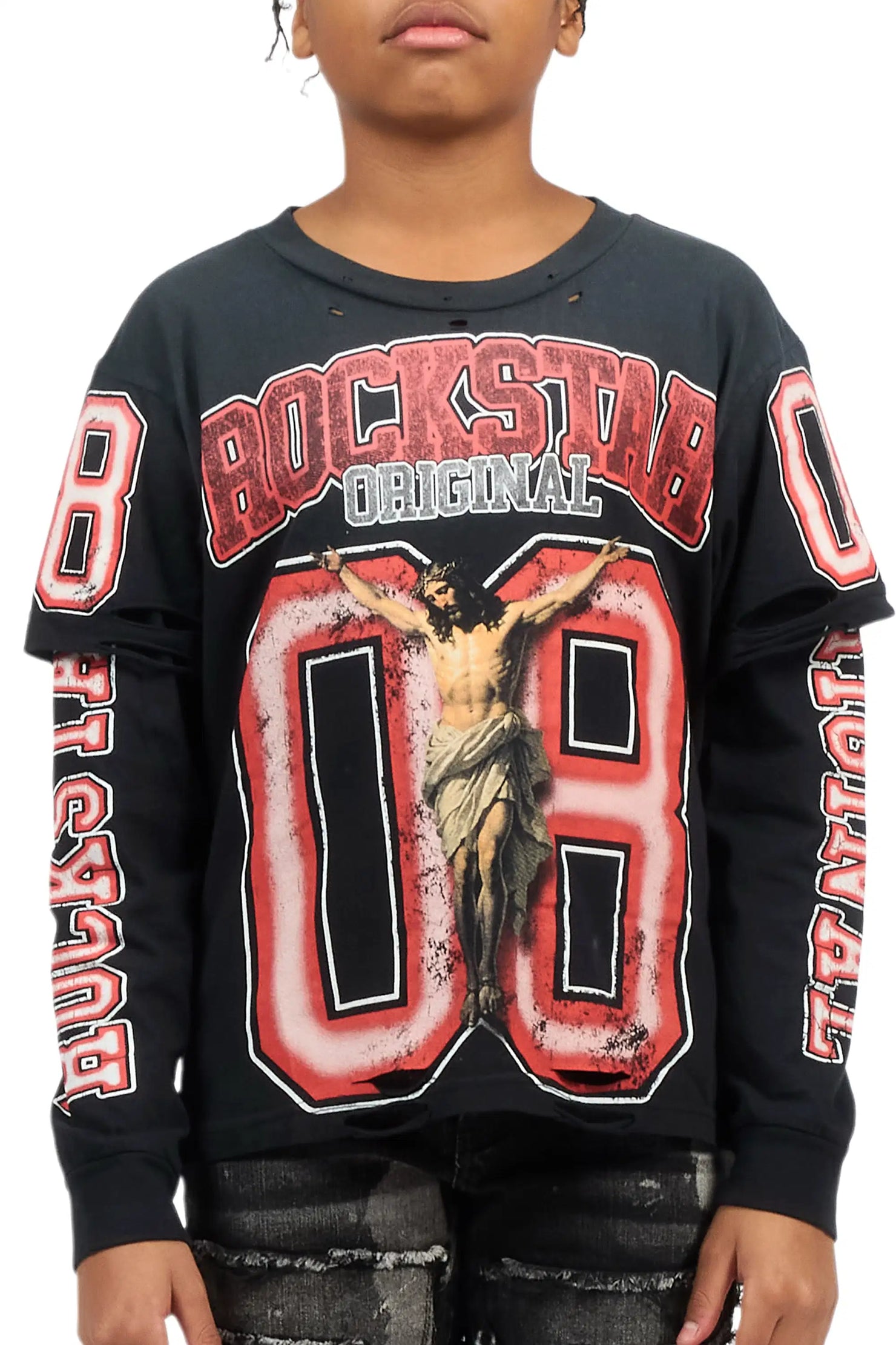 Boys Fields Black/Red Double Layer L/S Graphic T-Shirt