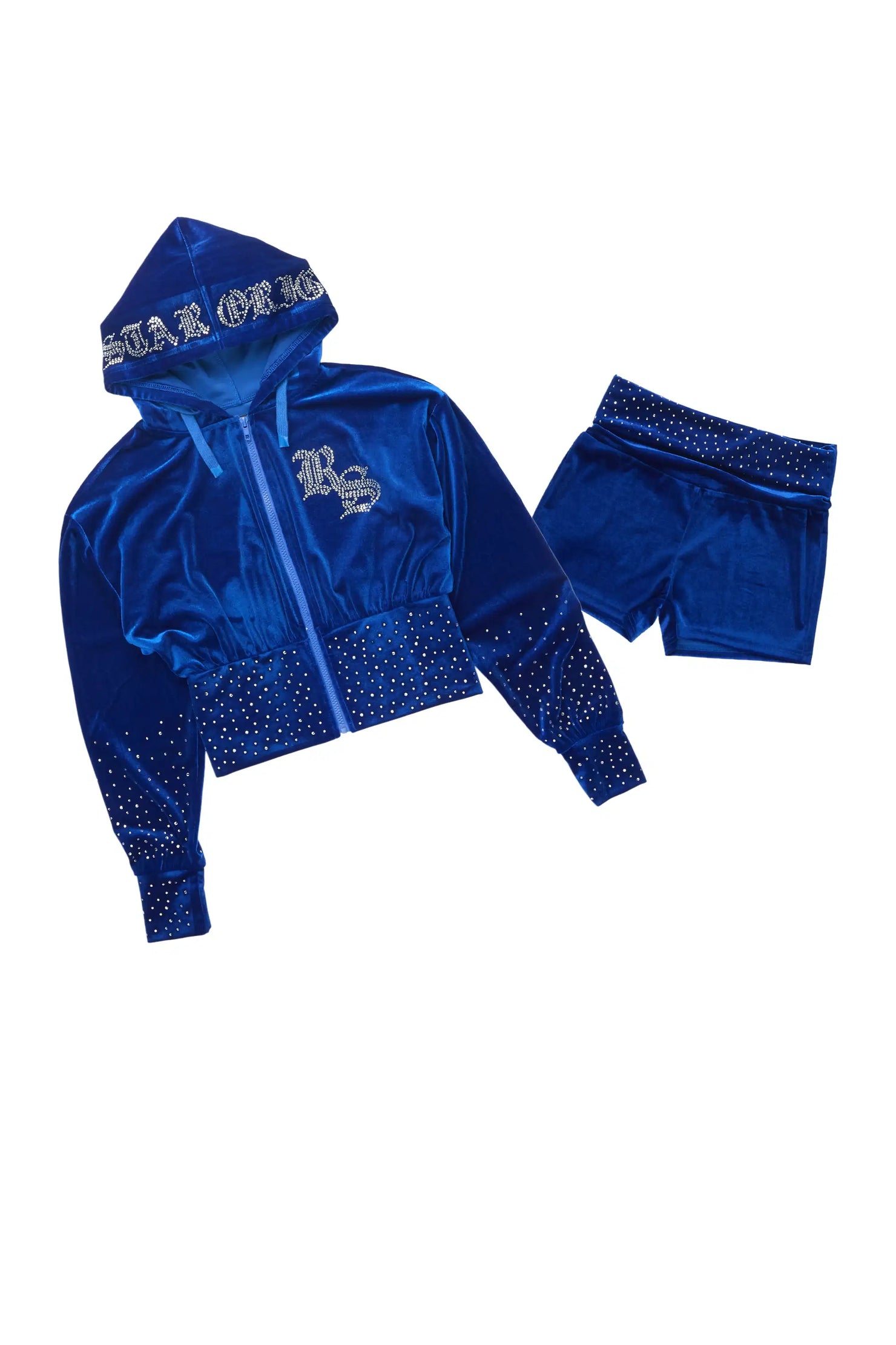 Rachell Royal Blue Rhinestone Velour Short Set