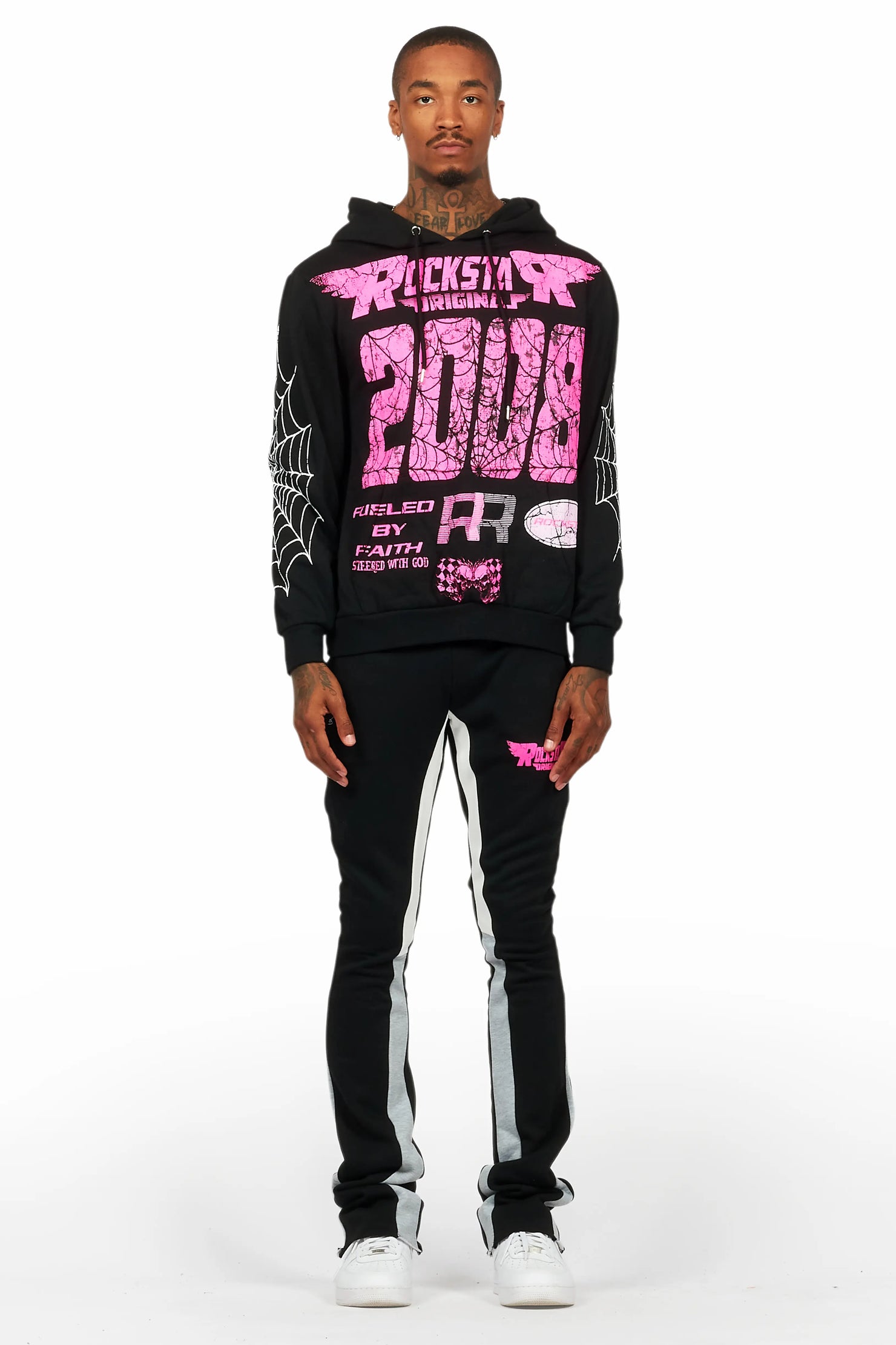 For Pinks Black Hoodie/Stack Flare Track Pant Set