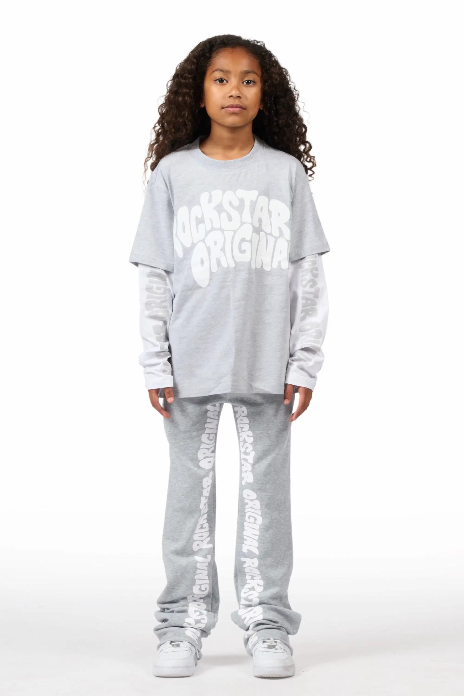 Girls Monique Grey Double Layer T-Shirt Stacked Flare Track Pant Set