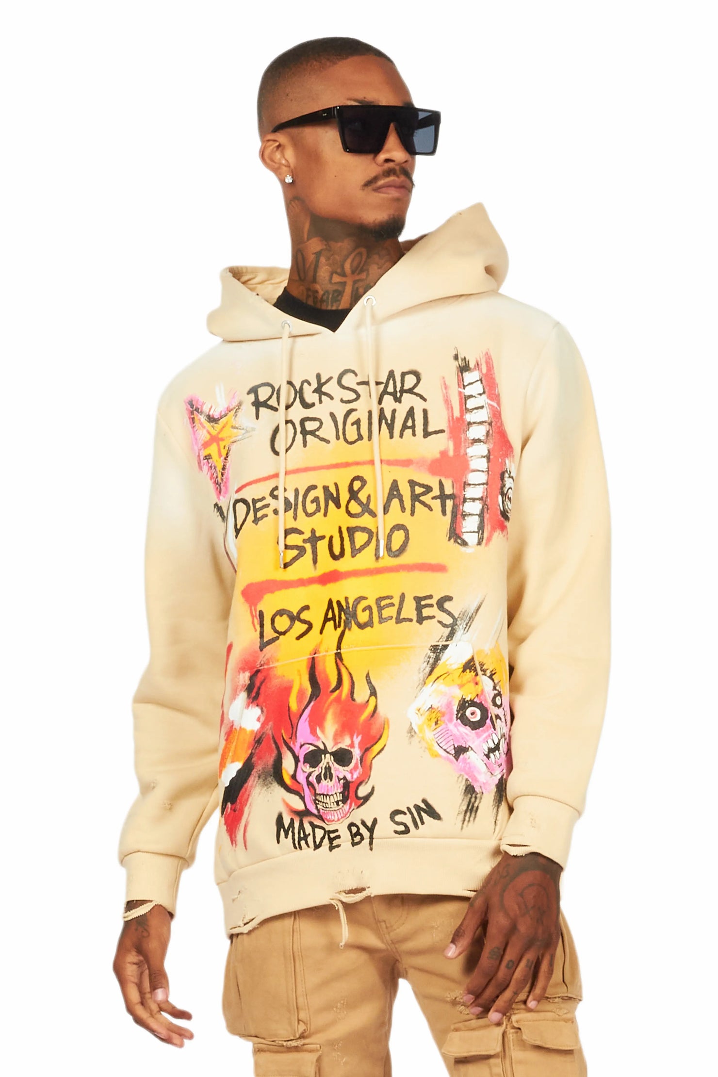 Soweto Beige Distressed Graphic Hoodie