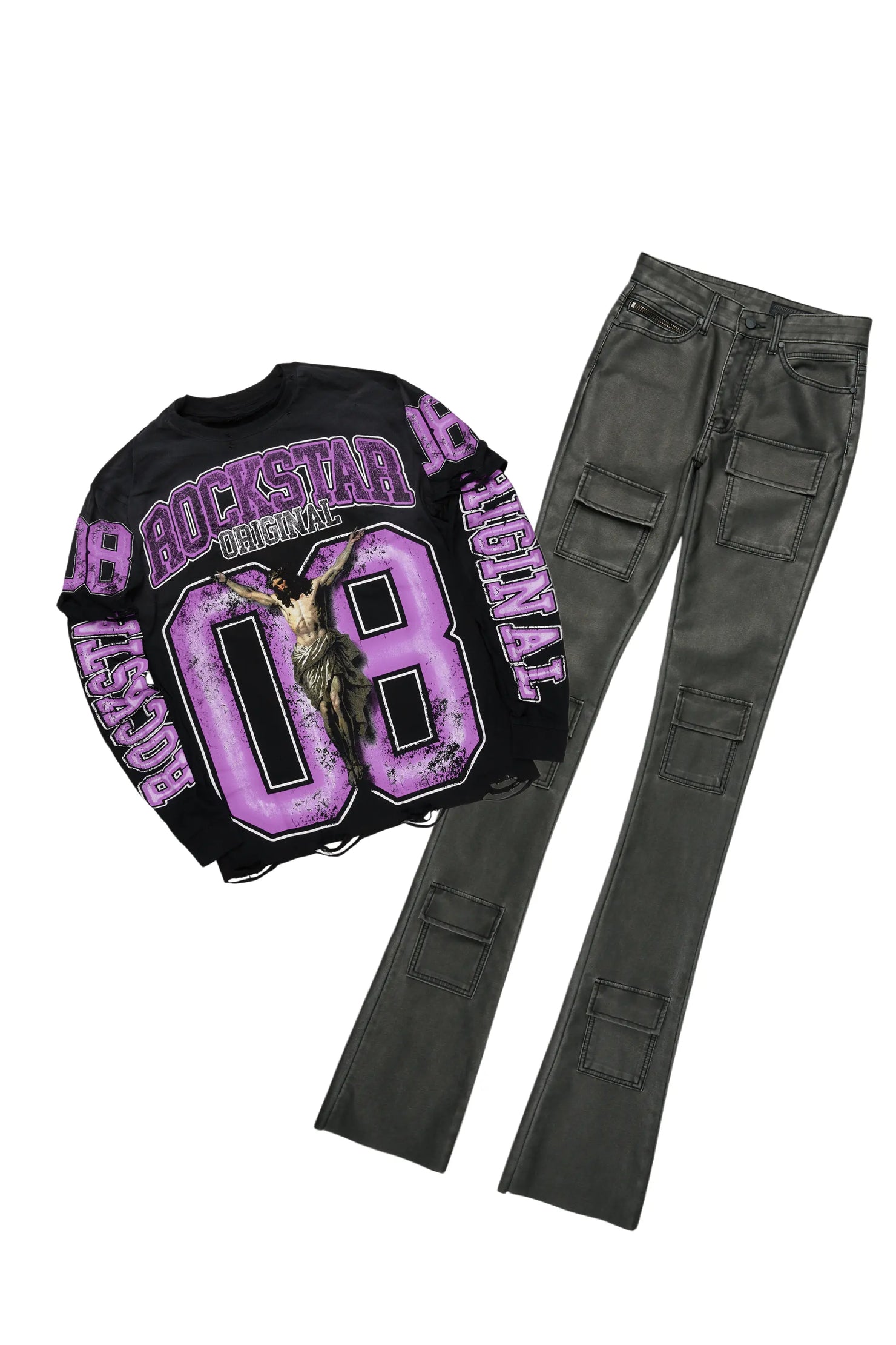 Fields Black/Purple Double Layer T-Shirt & Petrus Stacked Flare PU Jean Bundle