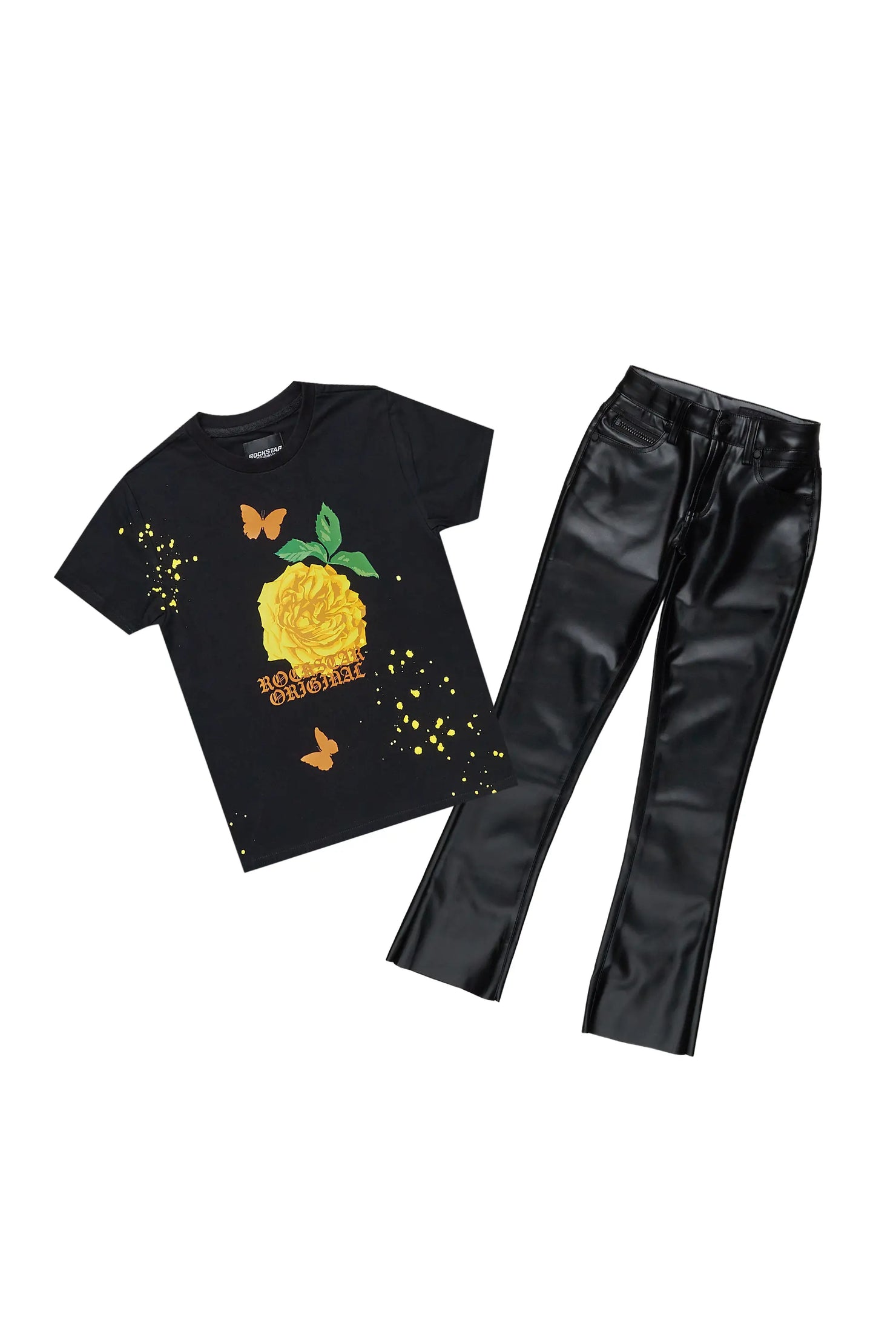 Girls Galia Black T-Shirt/Super Stacked Flare PU Jean Set