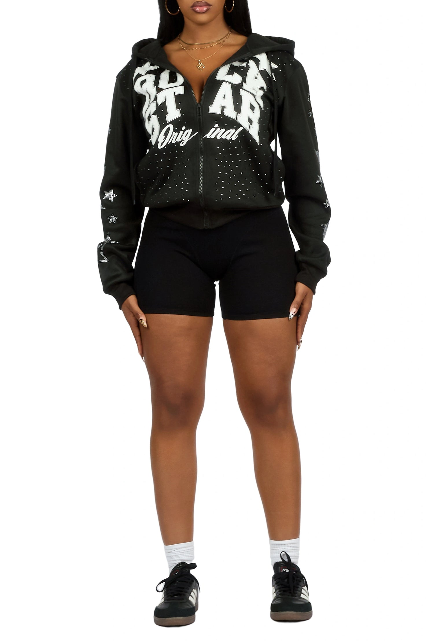 Flaveya Black Rhinestone Zip Up Hoodie