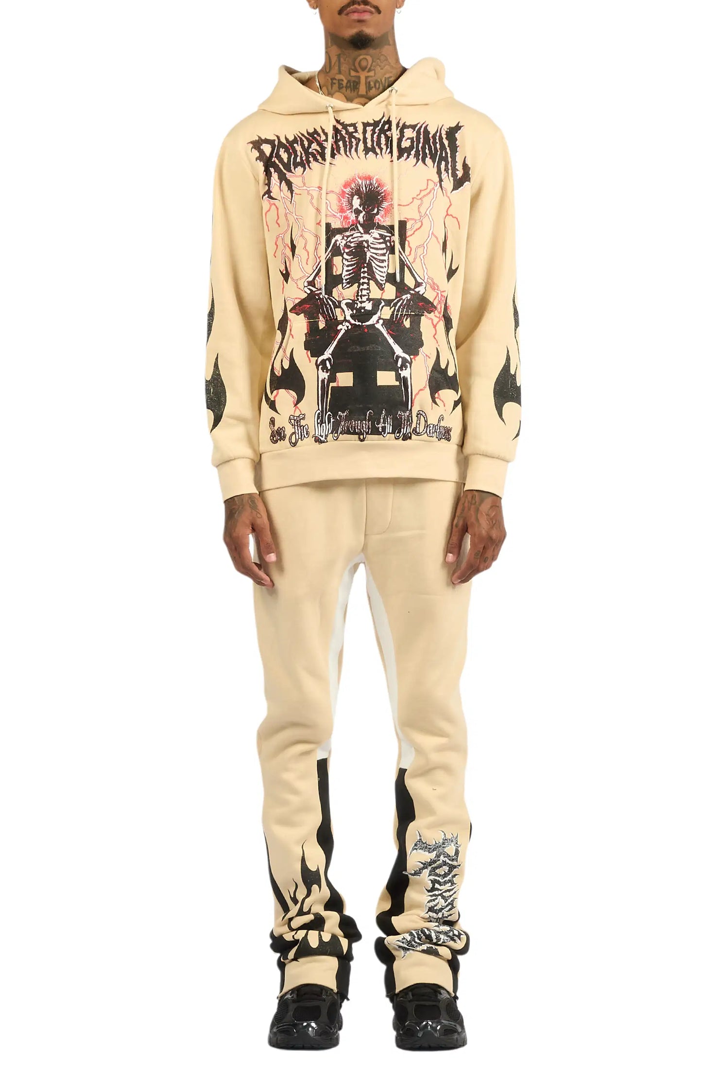 Deathrow Beige/Black Hoodie/Stacked Track Pant Set