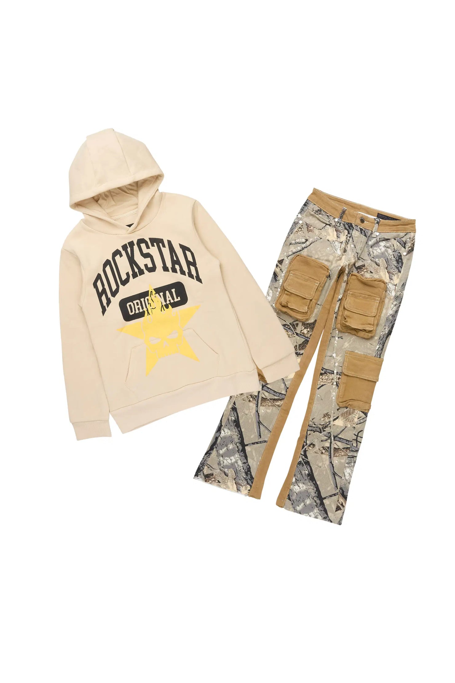 Boys Semaj Vintage Beige Hoodie/Stacked Jean Set